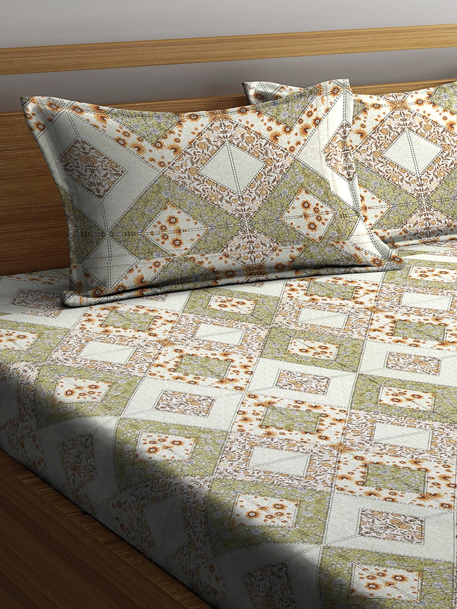SWHF Green Geometric Cotton 144 TC Bed Sheet Set