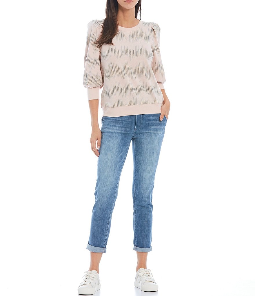 Democracy Chevron Print Crew Neck 3/4 Blouson Sleeve Sweatshirt