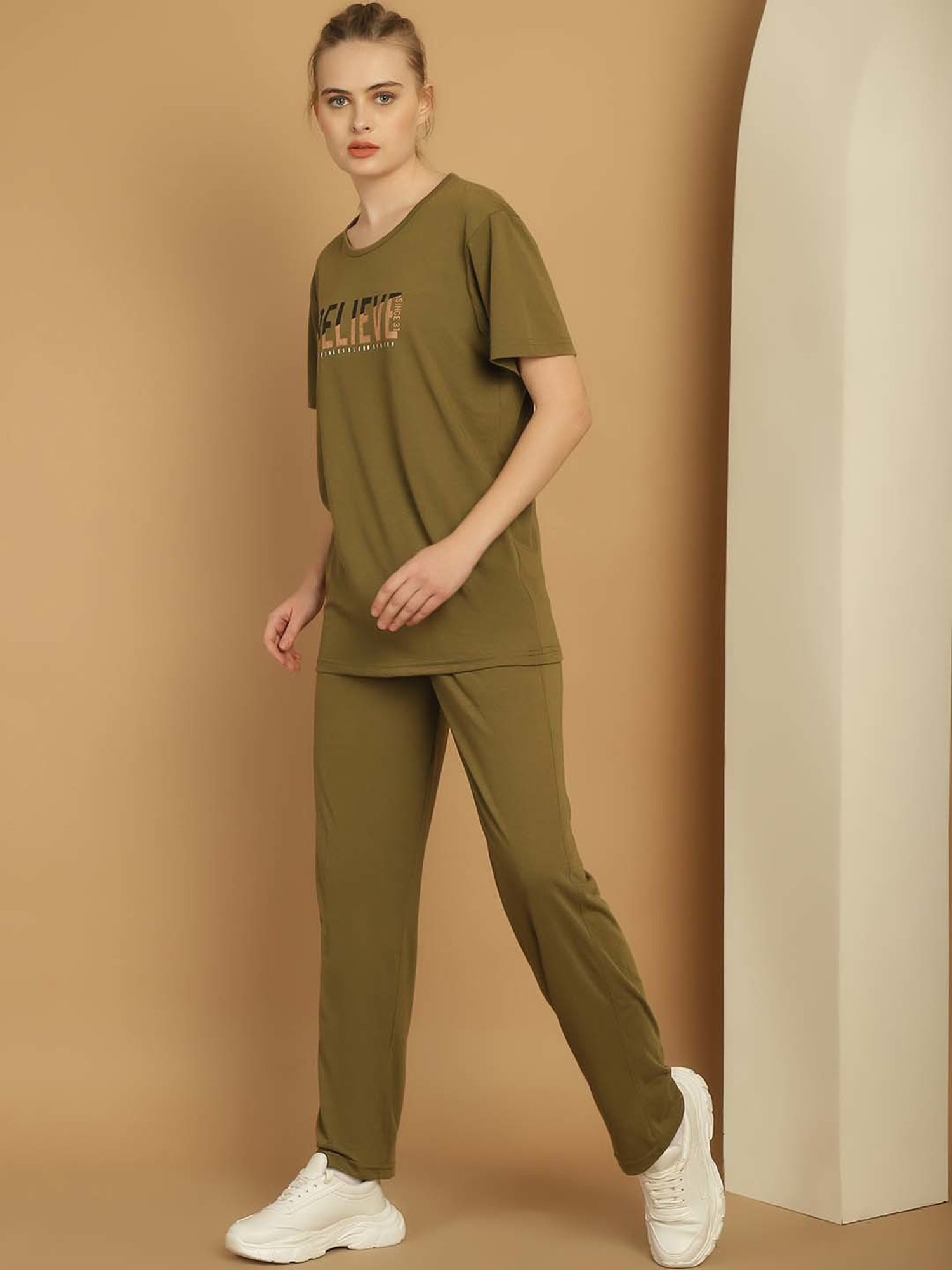 Vimal Jonney Olive Green Cotton Printed Sports T-Shirt Track Pant Set