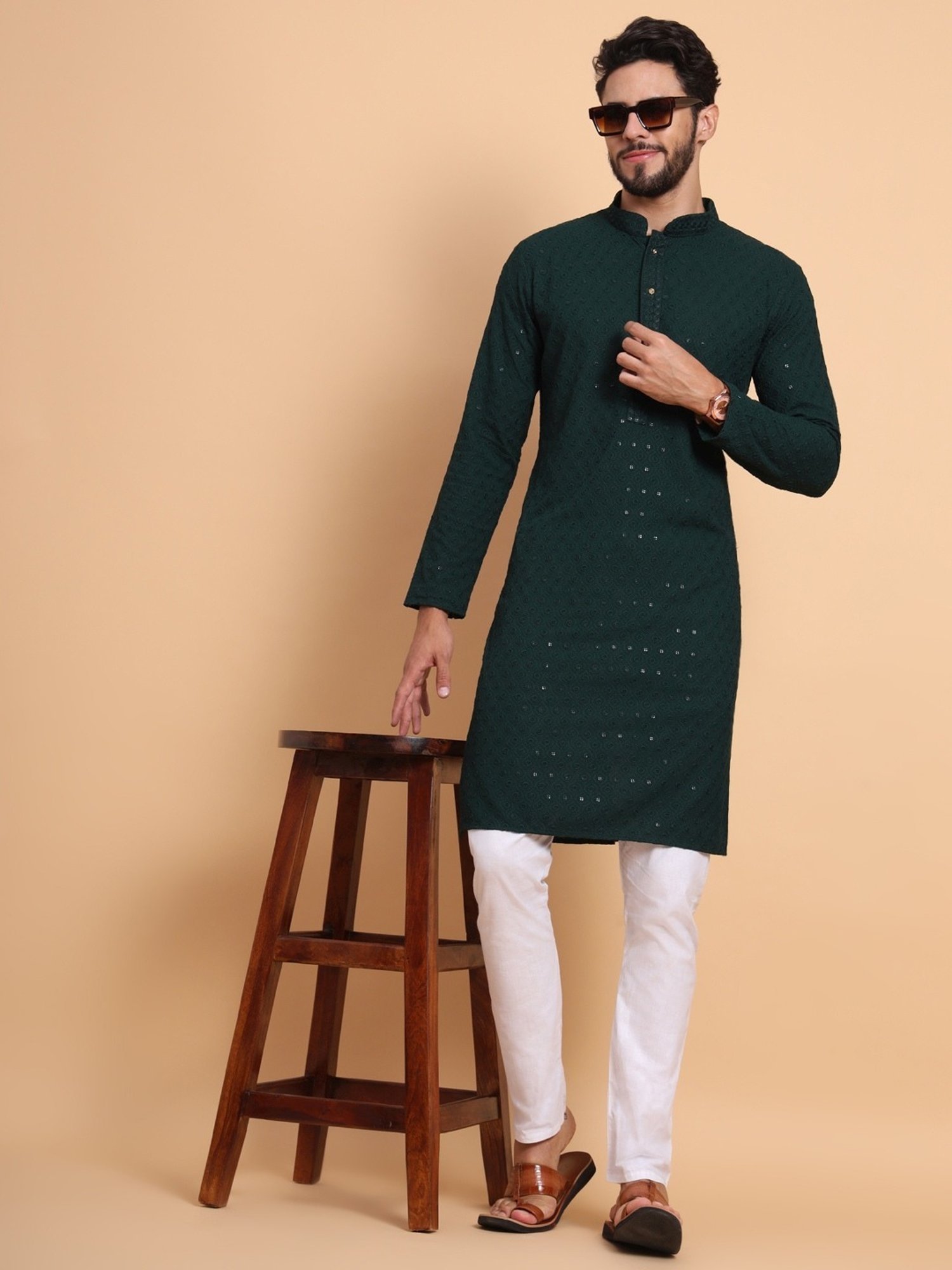 SWAGG INDIA Forest Green Regular Fit Embroidered Kurta