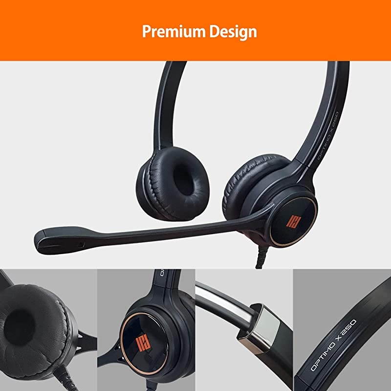 IPH255 OptimoX Duo Ear Noise cancelingCorded headset for Call centerOffice and Landline phones w U10P bottom cable w RJ9 jack works with Poycom VVXAvayaNortel Mitel and many other IP phones