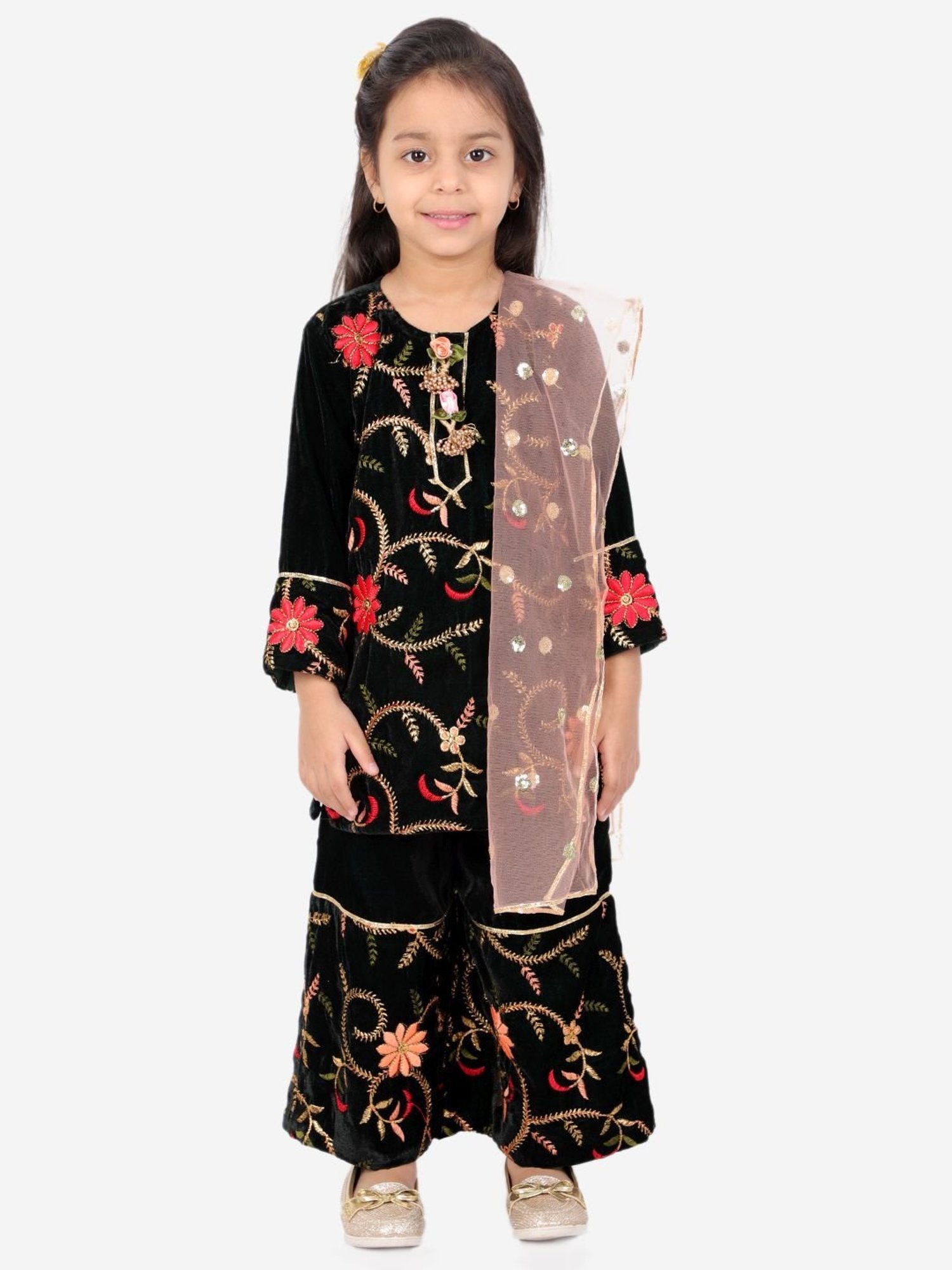 Little Bansi Kids Mehndi Green Embroidered Suit Set
