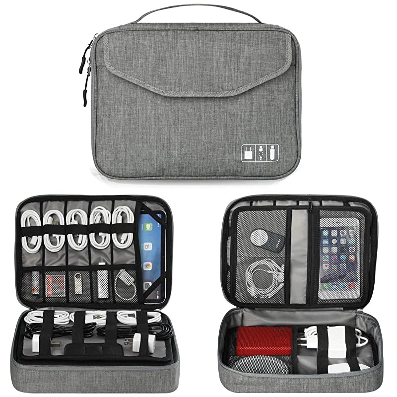 Electronics Organizer,  Electronic Accessories Double Layer Travel Cable Organizer Cord Storage Bag for Cables, iPad (Up to 12.9''), Power Bank, USB Flash Drive and More-Large (Gray)