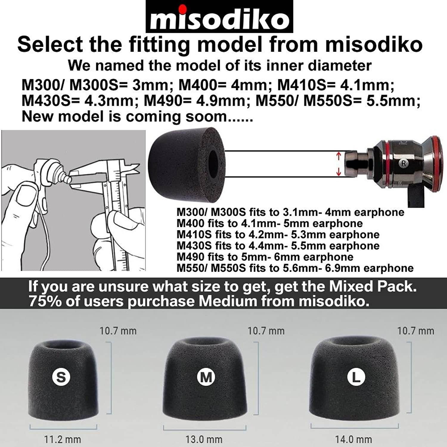 misodiko M300S Memory Foam Earbuds Tips for Shure SE215 SE315 SE535 SE425 SE846 SE110 SE112/ Etymotic Research ER4XR/ Klipsch in-Ear/Westone AM UM Pro- Replacement Earphones Eartips (3-Pairs, Large)