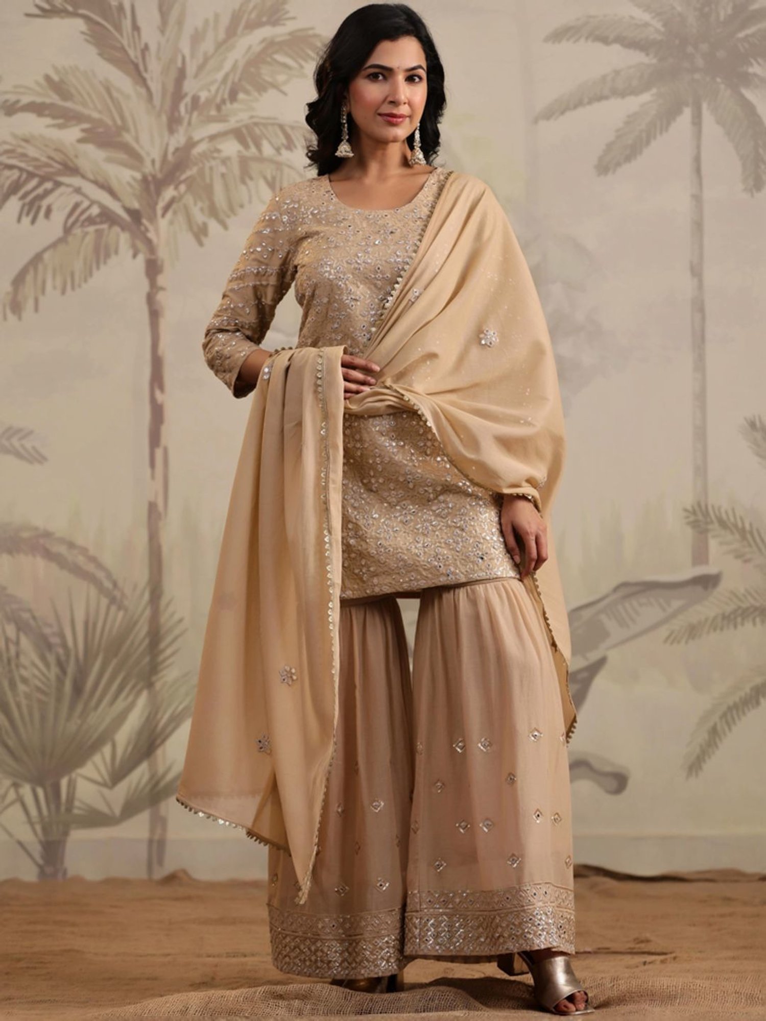 SCAKHI Beige Cotton Embroidered Kurti Sharara Set With Dupatta