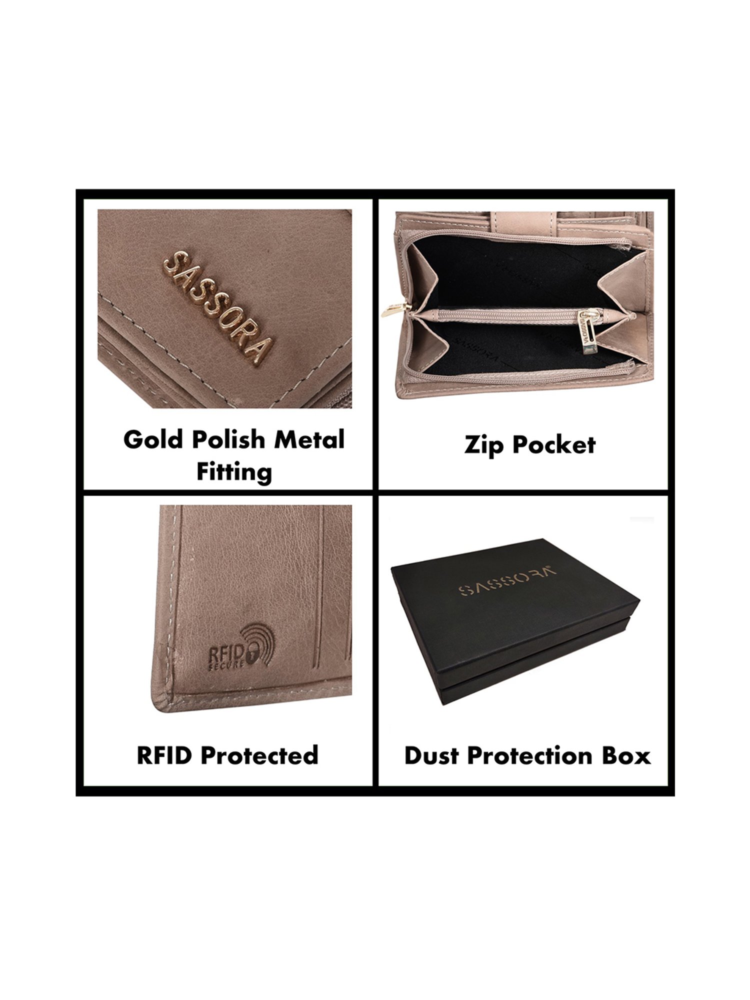 SASSORA Beige Solid Rfid Bi-Fold Wallet for Women