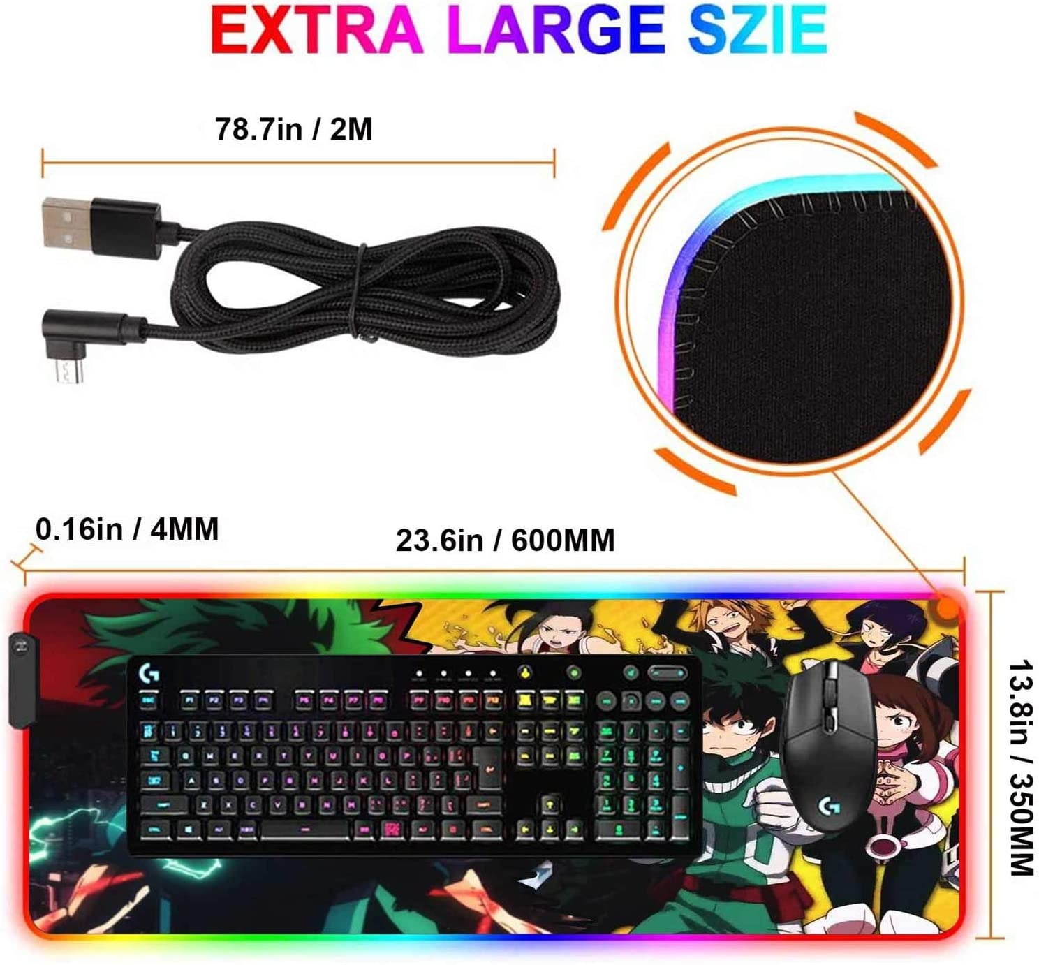 Gaming Mouse Pad RGB Anime My Hero Academia Deku And Heroes,Mousepad With 12 Lighting Modes & Non-Slip Rubber Base-3Mm Thick-Laptop Glowing Desk Pad-Computer Keyboard And Mice Combo Pads Mat 23.6X13.8