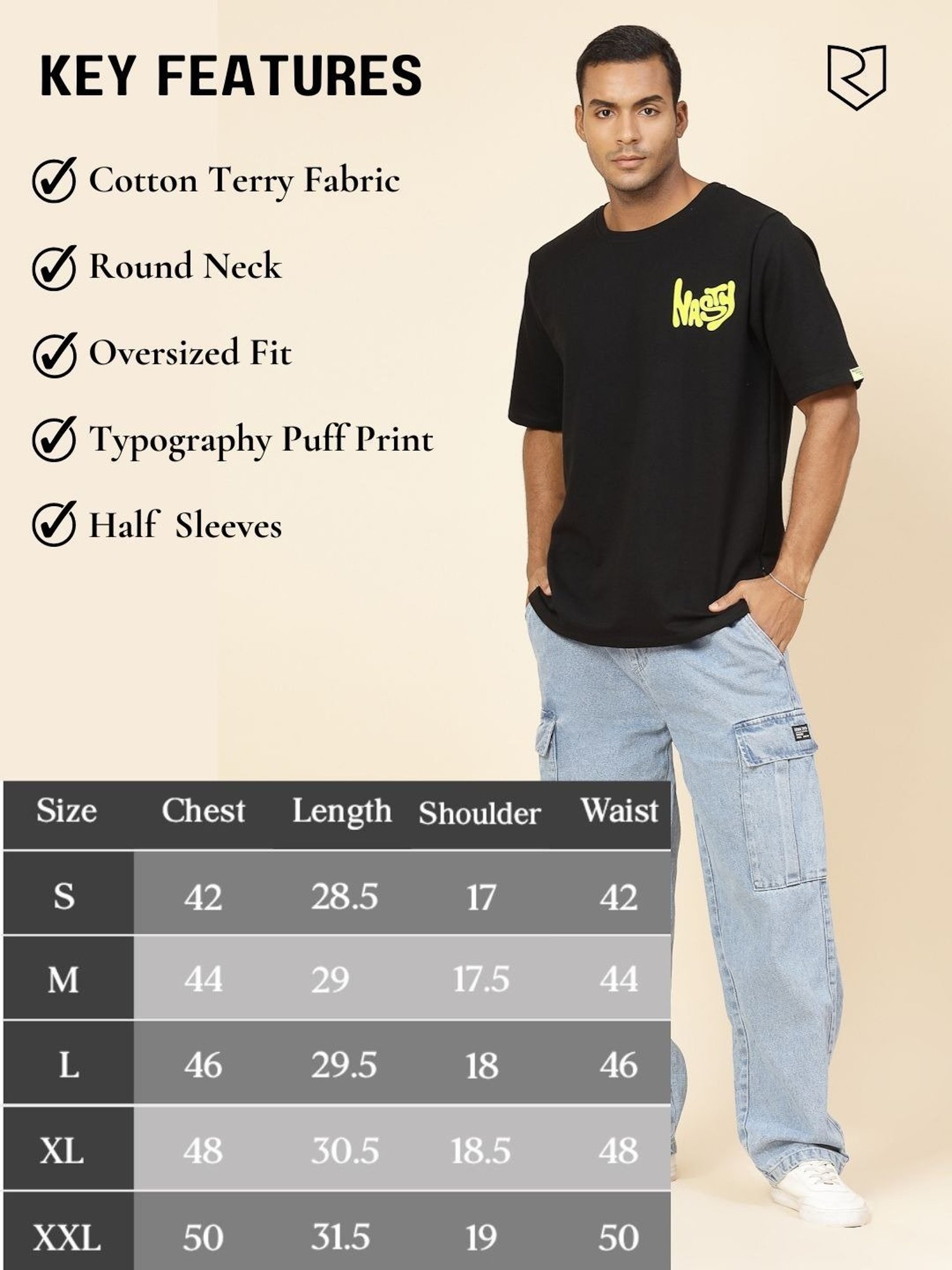 Rigo Black Cotton Loose Fit Typography T-Shirt