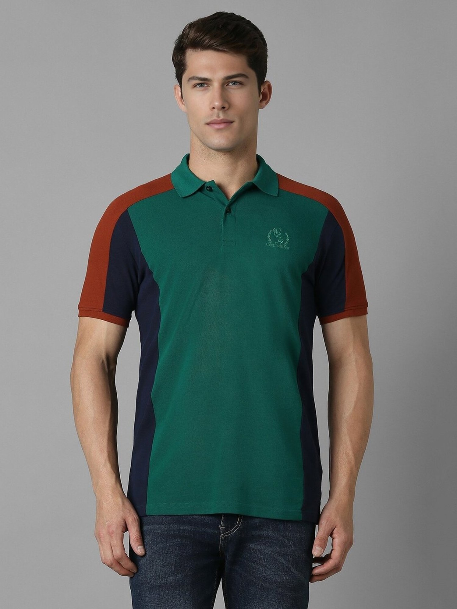 Louis Philippe Green Cotton Slim fit Colour-Block Casual Polo T-Shirt