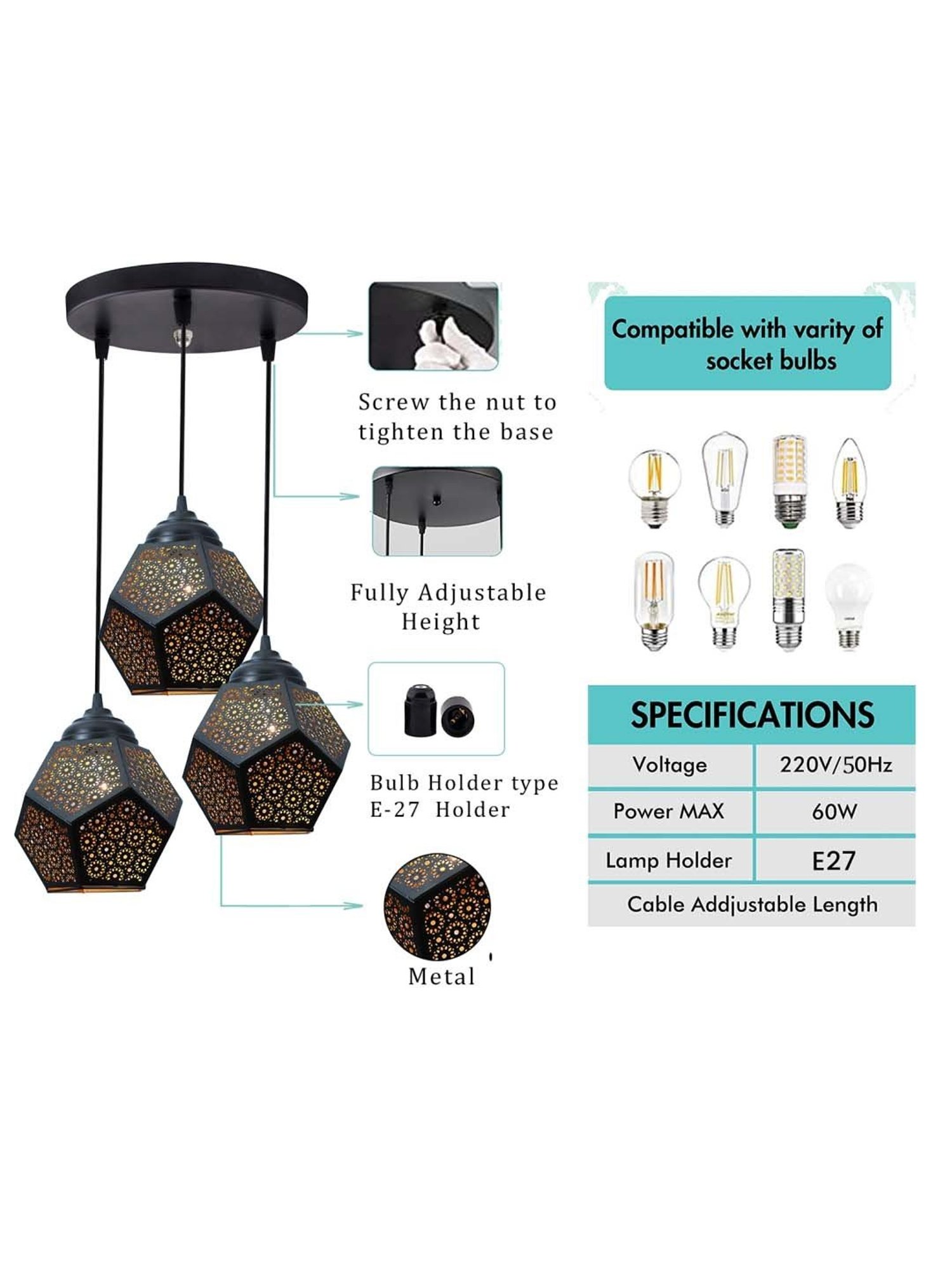 Homesake Black Metal 3-Lights Round Cluster Chandelier Crystal Do Decahedron Hanging Light