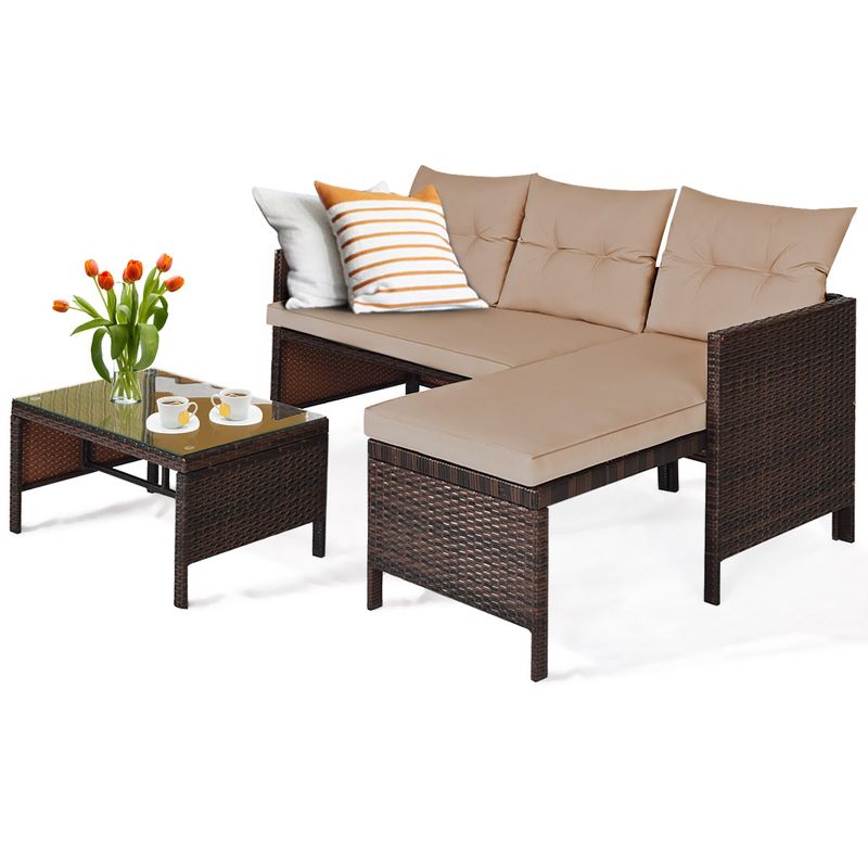 Costway 3PCS Patio Wicker Rattan Sofa Set Outdoor Sectional Conversation Set Garden Lawn