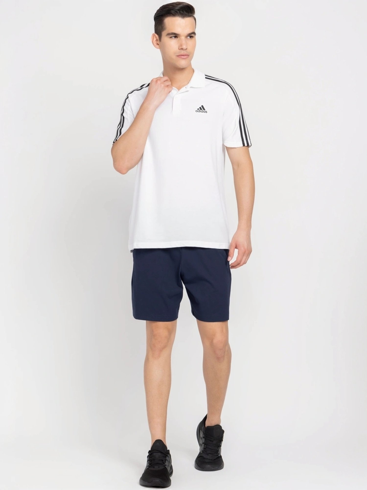 Adidas Blue Cotton Regular Fit Logo Printed Sports Shorts