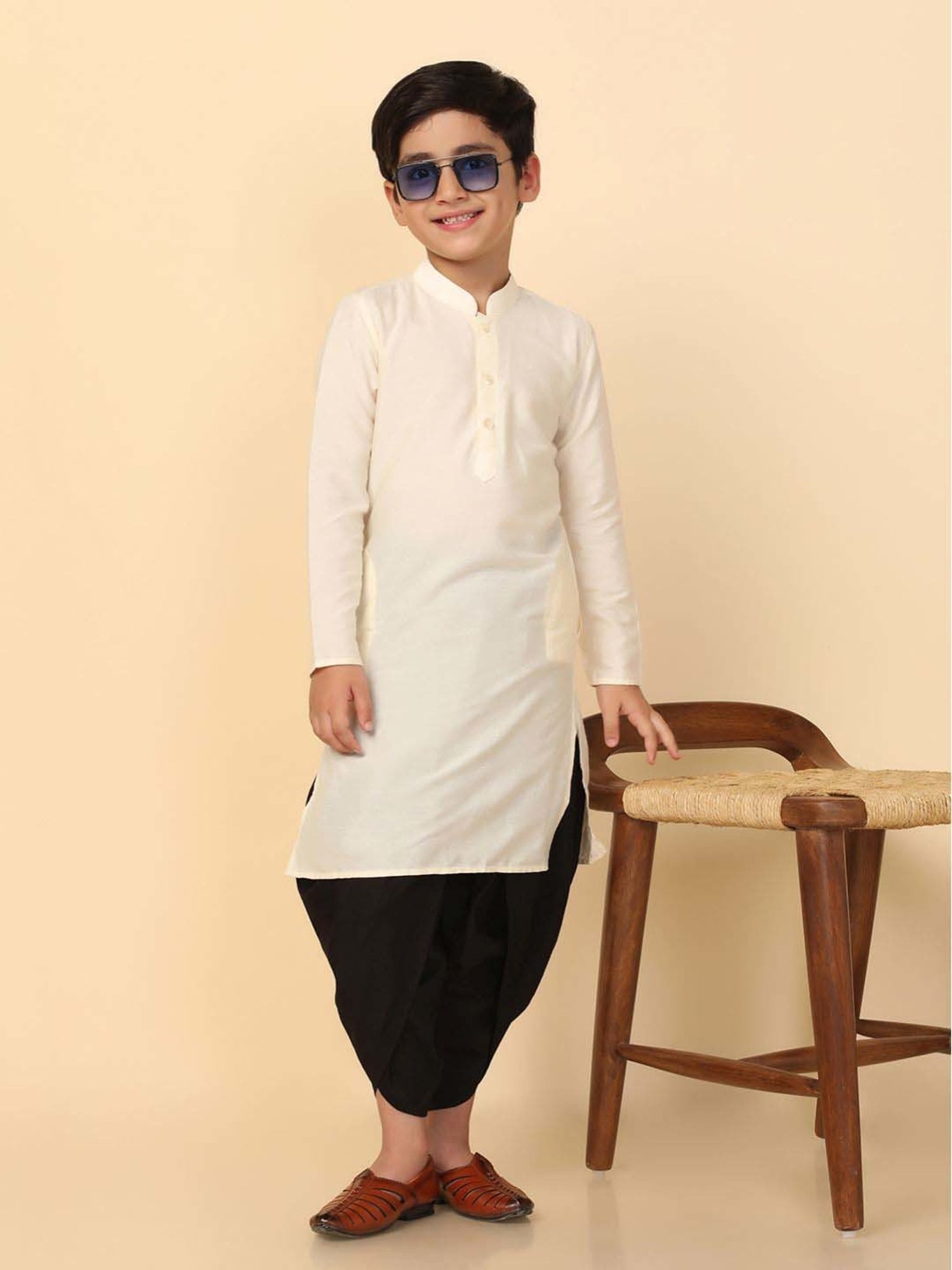 KISAH Kids Off-White Cotton Regular Fit Full Sleeves Kurta