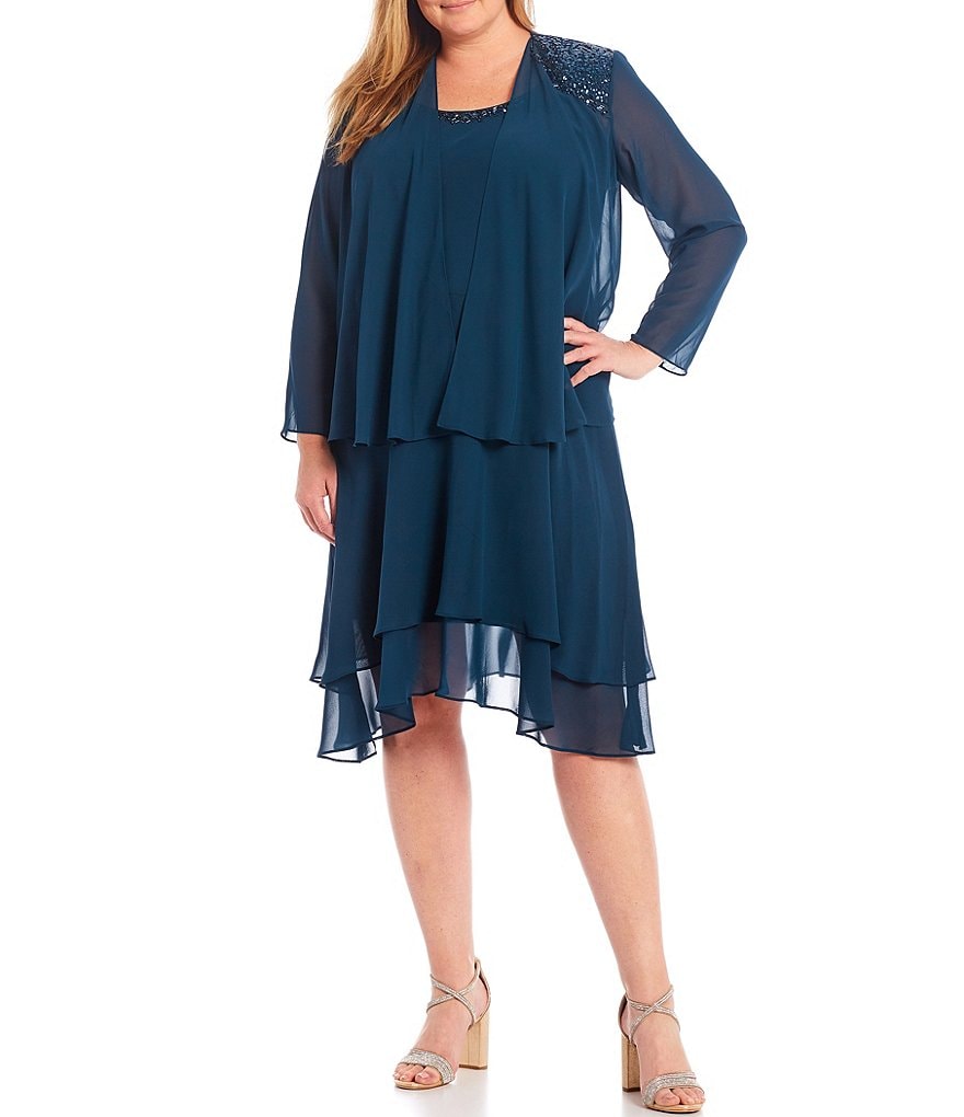 Ignite Evenings Plus Size Scoop Neck Long Sleeve Sequined Shoulder Midi Length Tiered Hem Jacket Dress