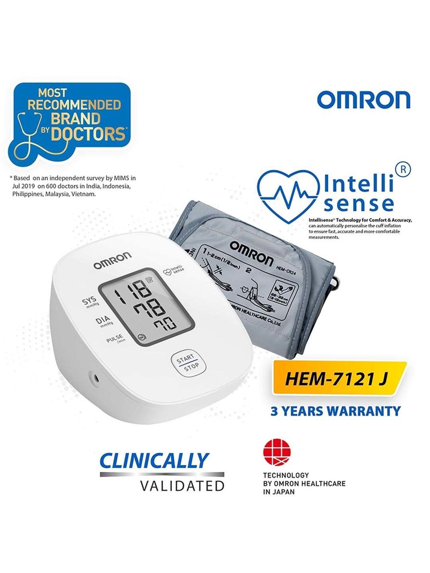 Omron HEM 7121J Fully Automatic Digital Blood Pressure Monitor (White)