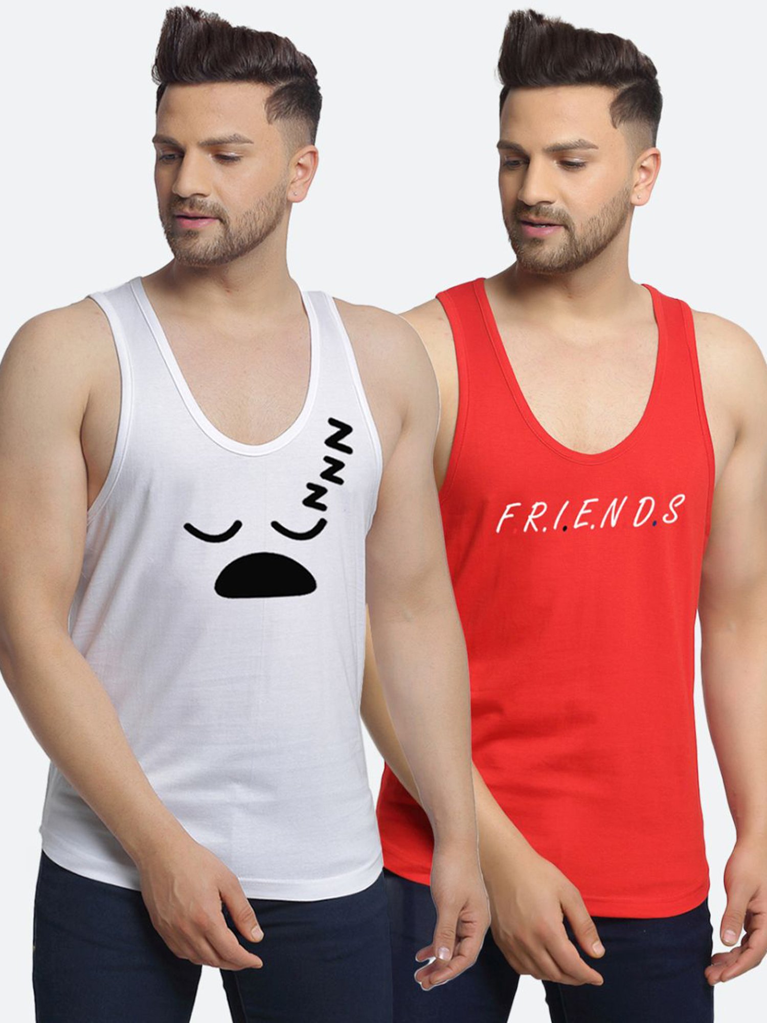 Friskers Multi Cotton Slim Fit Printed Gym Vest - Pack of 2