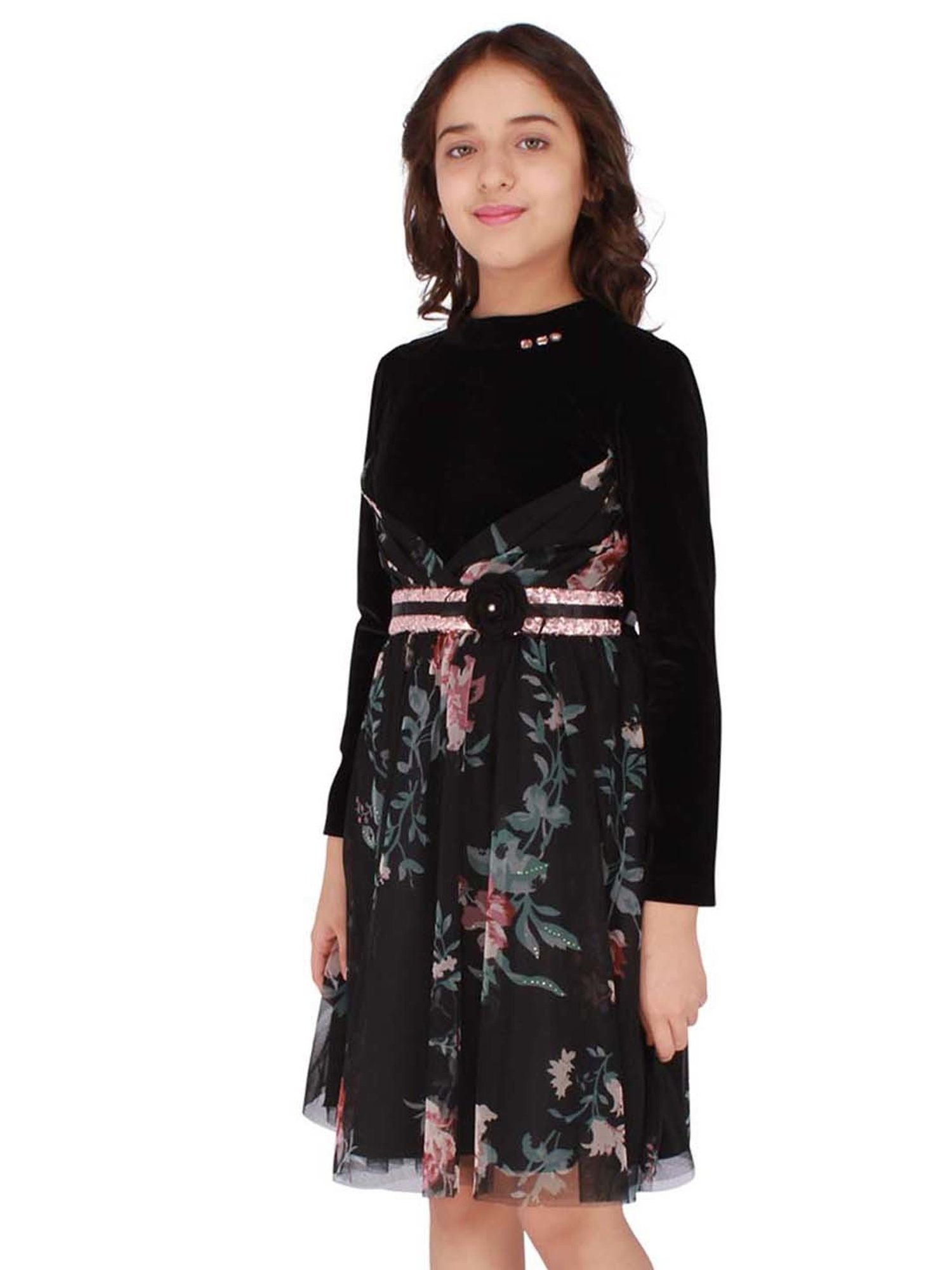 Cutecumber Kids Black Floral Print Full Sleeves Dress