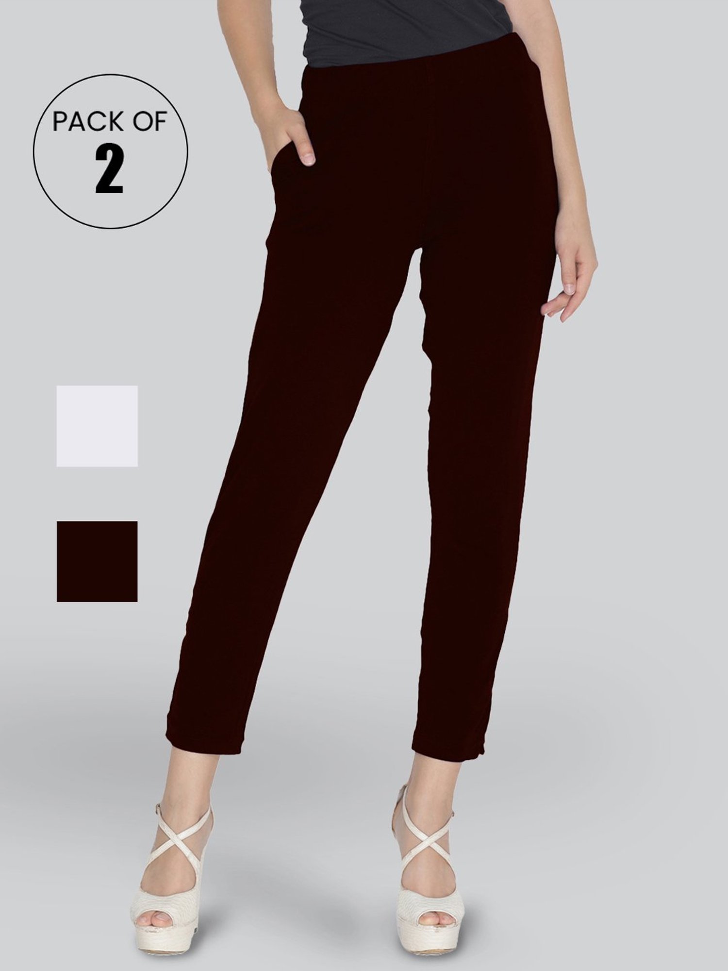 Lyra Maroon & White Cotton Leggings - Pack Of 2