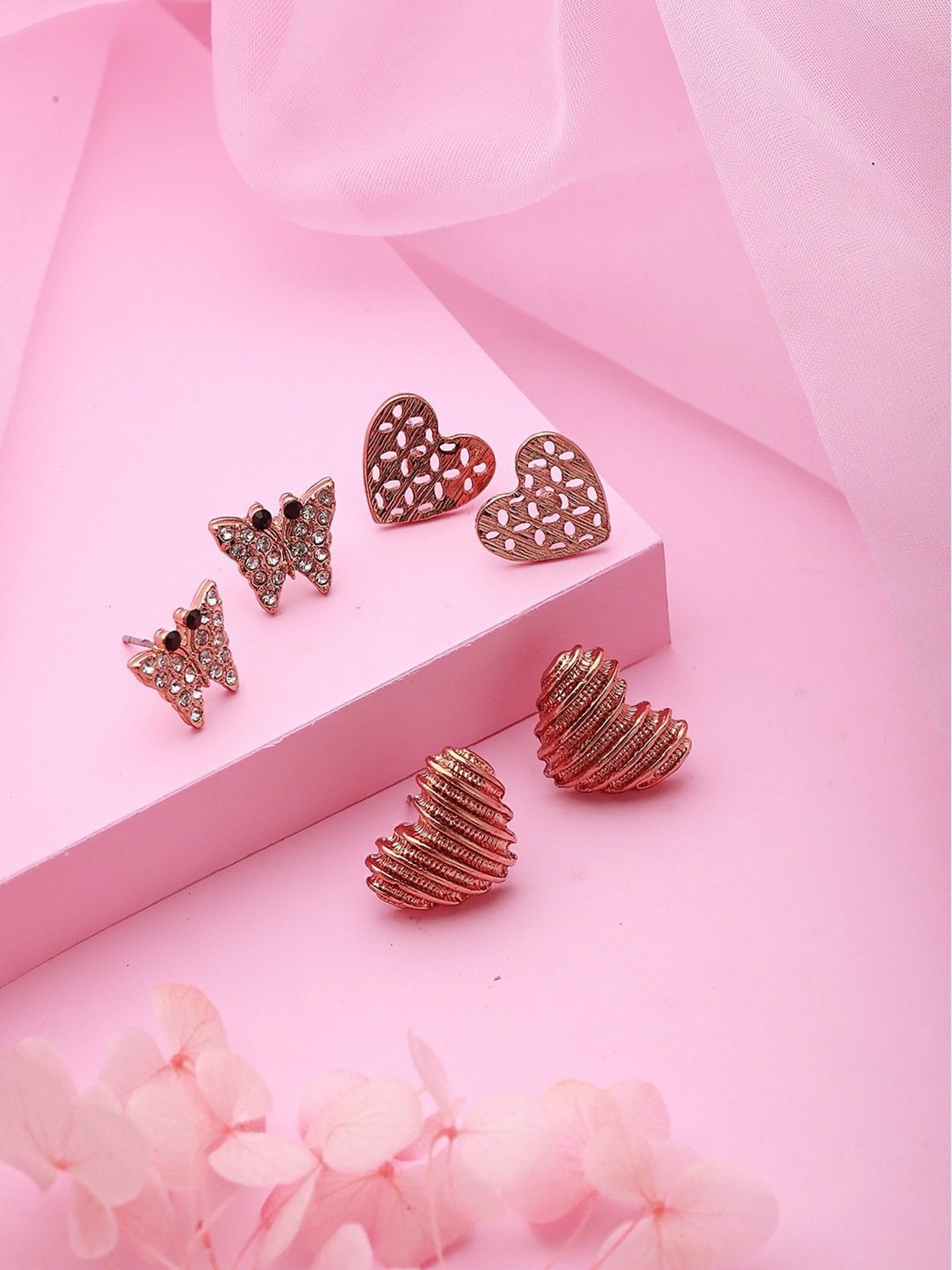 Aatmana Rose Gold Heart Shaped Stud Earrings - Set of 3