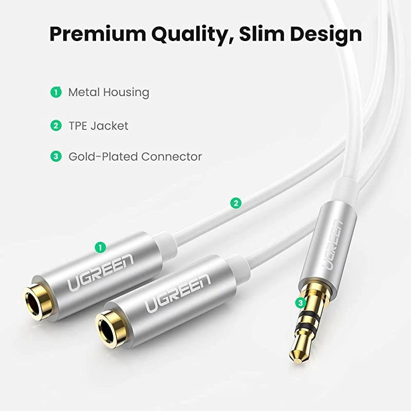 Headphone Splitter 3.5mm Audio Stereo Y Splitter Extension Cable Male to Female Dual Headphone Jack Adapter for Earphone Headset Compatible with iPhone Samsung Tablet Laptop White