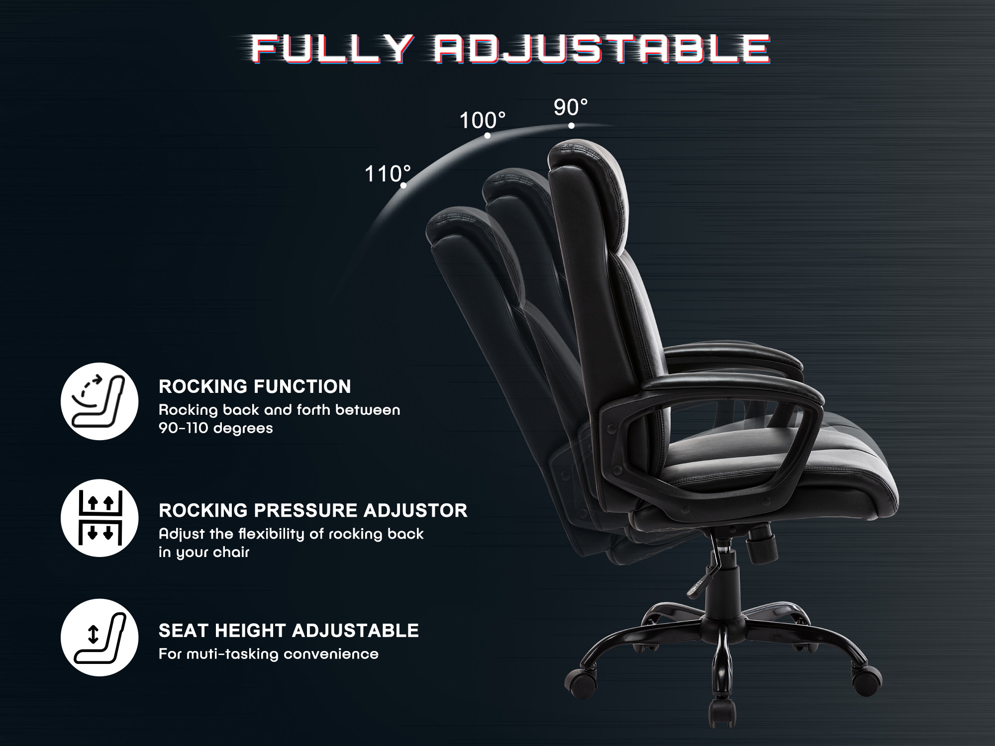 High Back Executive Bonded Leather Swivel Office Chair - Computer Desk Task Chair W/Rocking Function, Black Thick Padded Headrest & Seat Cushion