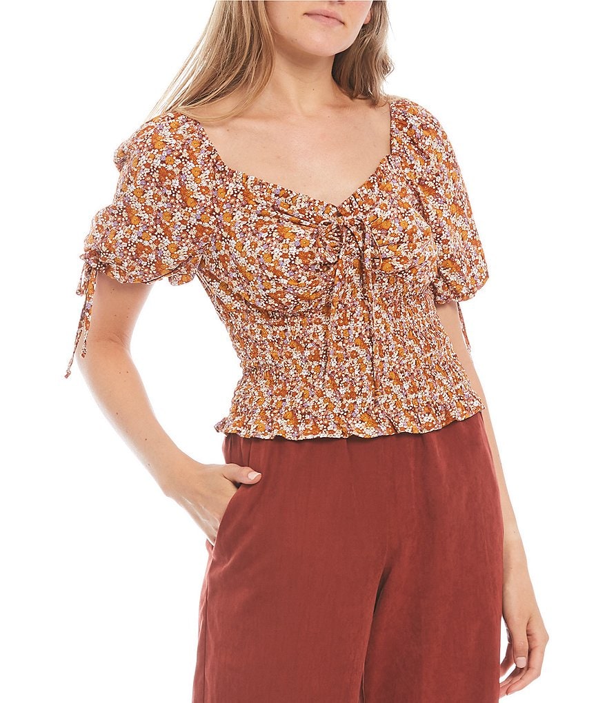 Love & Piece Printed Smocked Ruched Top