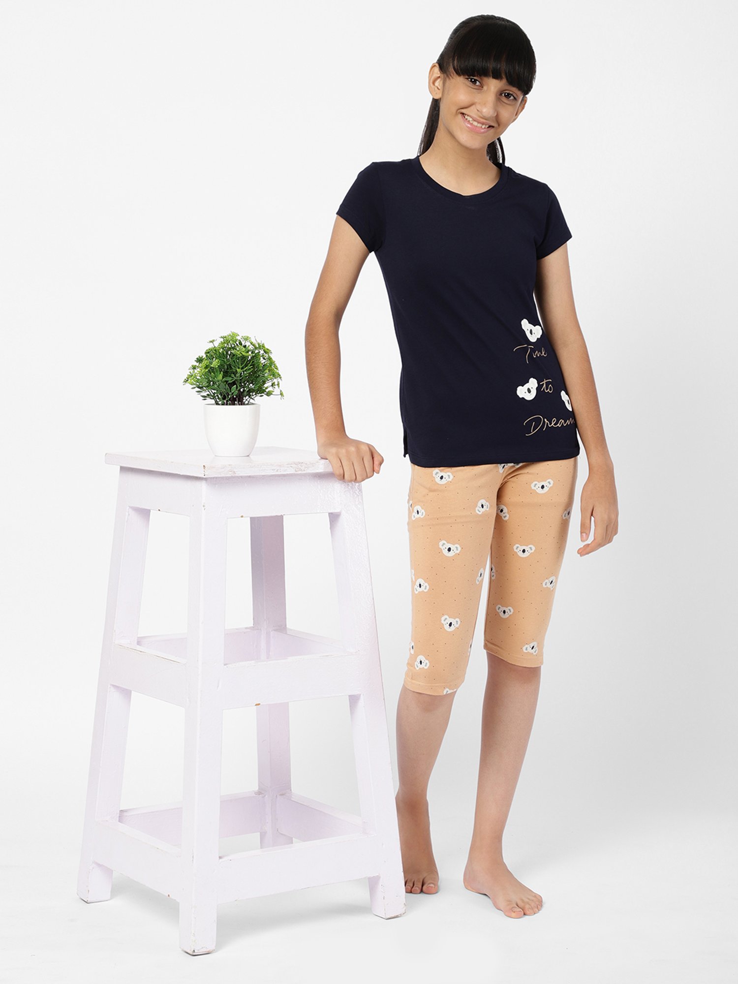 Sweet Dreams Kids Navy & Peach Printed T-Shirt with Capri