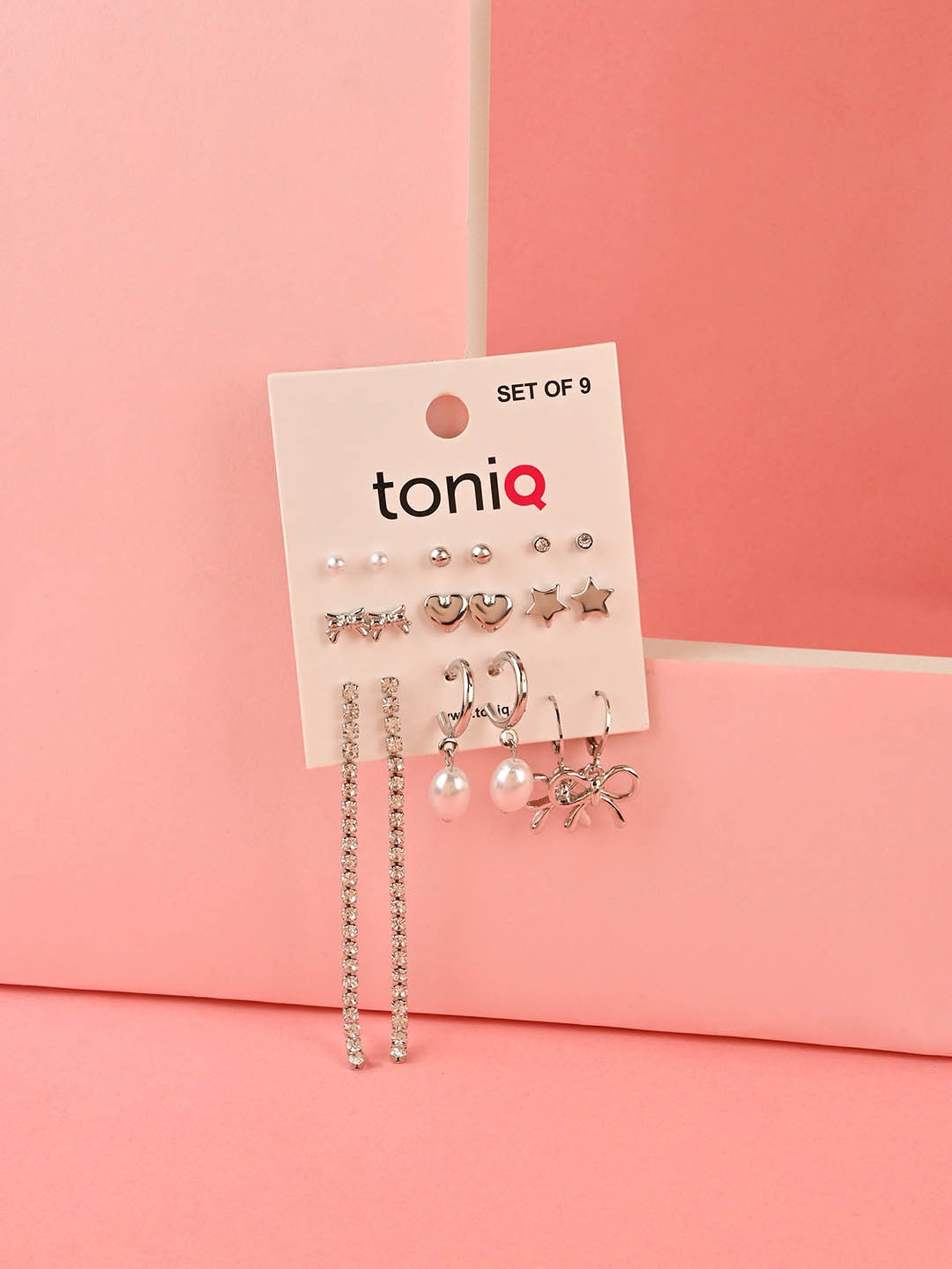 ToniQ Silver Stud & Hoop Earring for Women - Set of 9