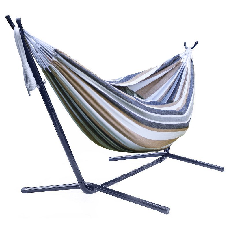 Sorbus Brazilian Double Hammock with Stand - Brown, Blue Stripes
