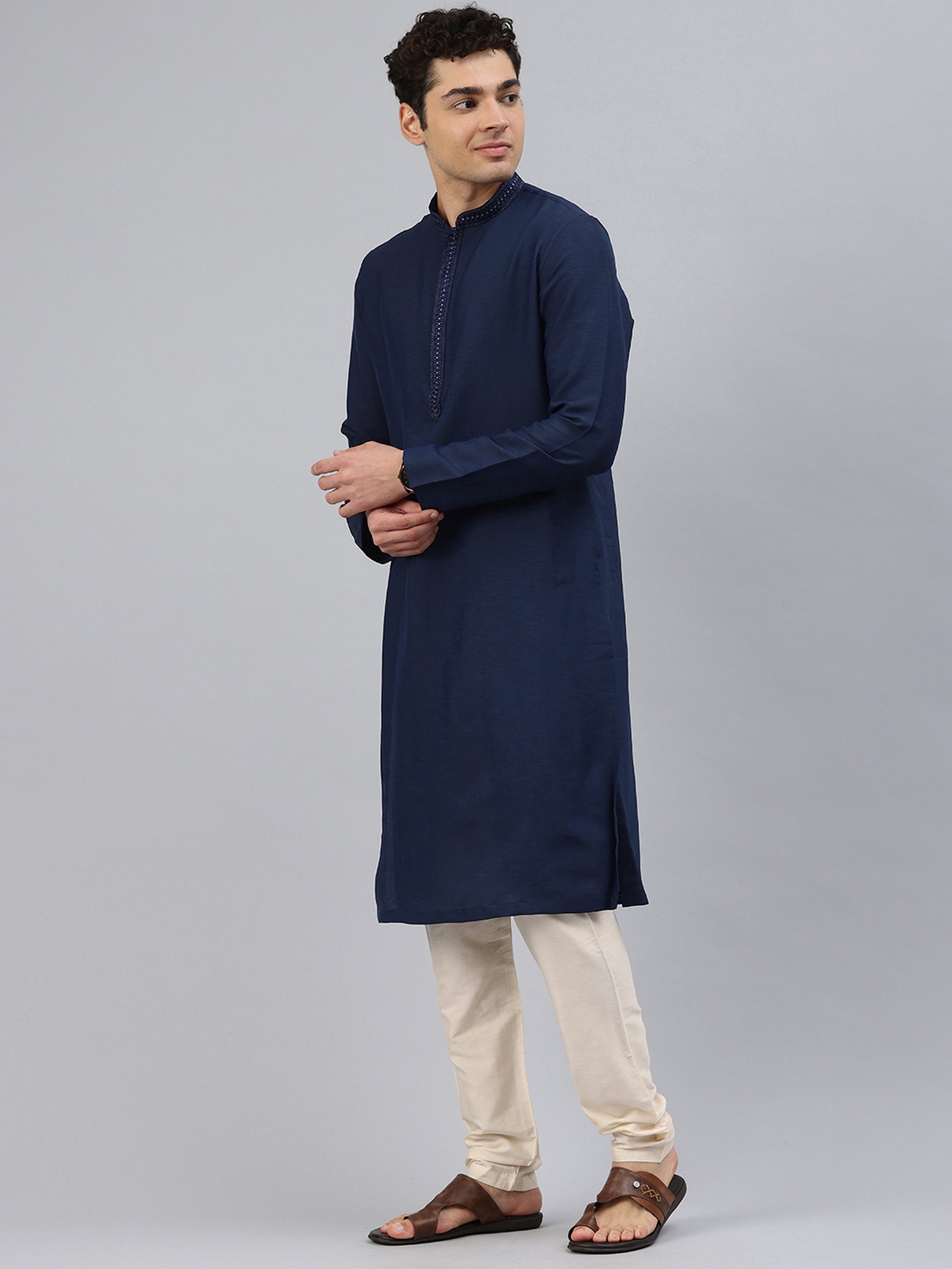 Manthan Navy & Cream Regular Fit Kurta & Pyjamas Set