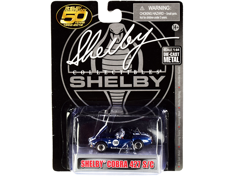 1965 Shelby Cobra 427 S/C Dark Blue Metallic with White Stripes with Printed Carroll Shelby's Signature on the Trunk 1/18 Diecast Model Car by Shelby Collectibles