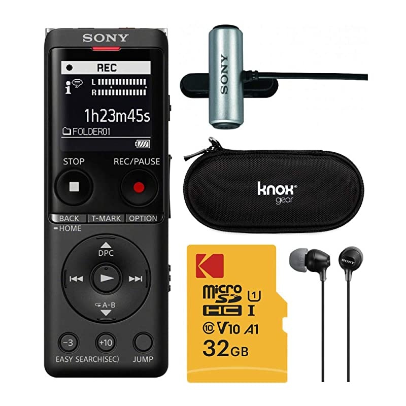 ICDUX570BLK Slim Design Digital Voice Recorder Black Complete Professional Bundle 32GB Micro SD ECMCS3 Mic EX15 Earbuds and Knox Gear Hardcase 5 Items