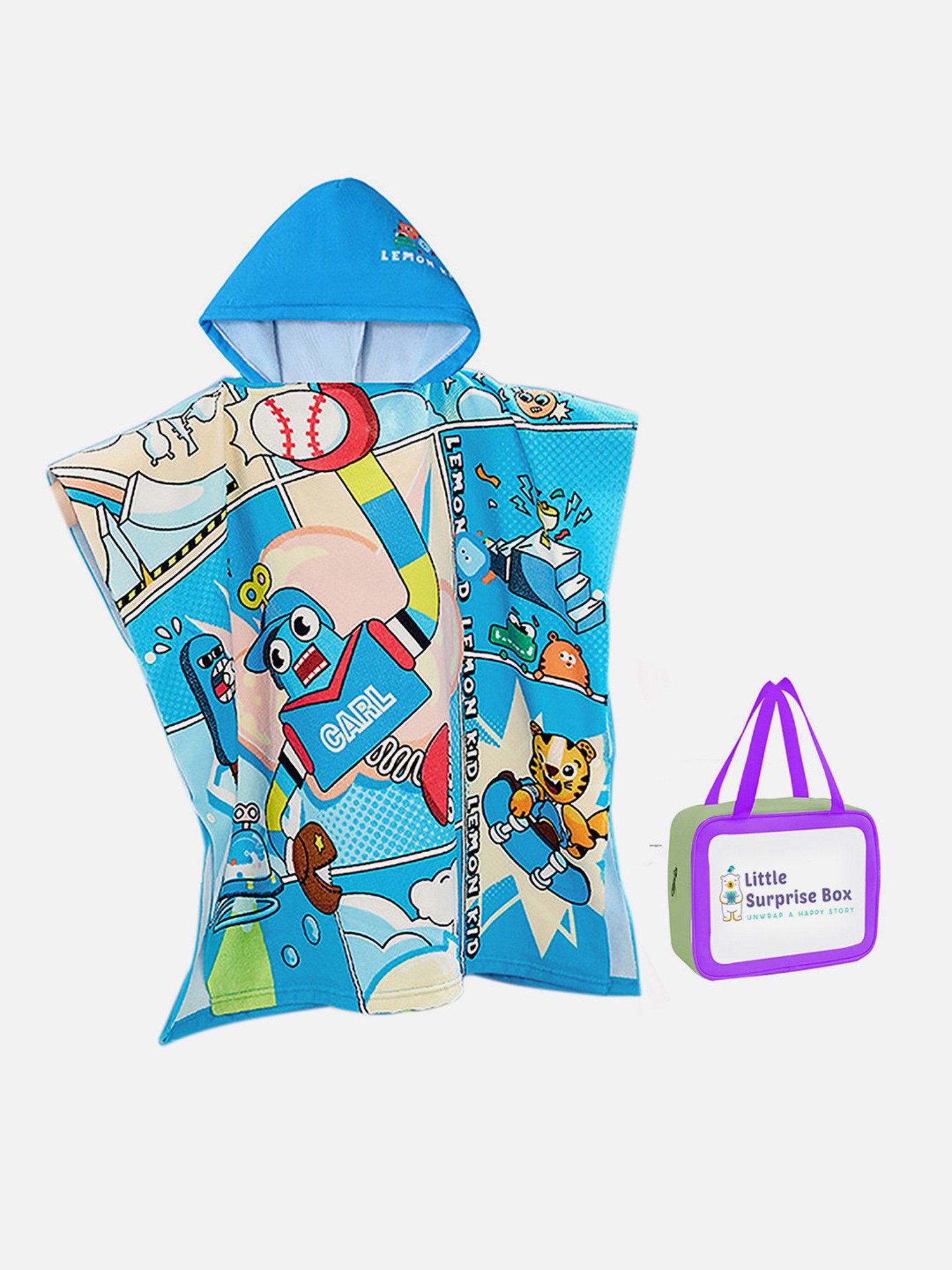 Little Surprise Box Kids Blue Printed Swim Poncho with Swim Bag