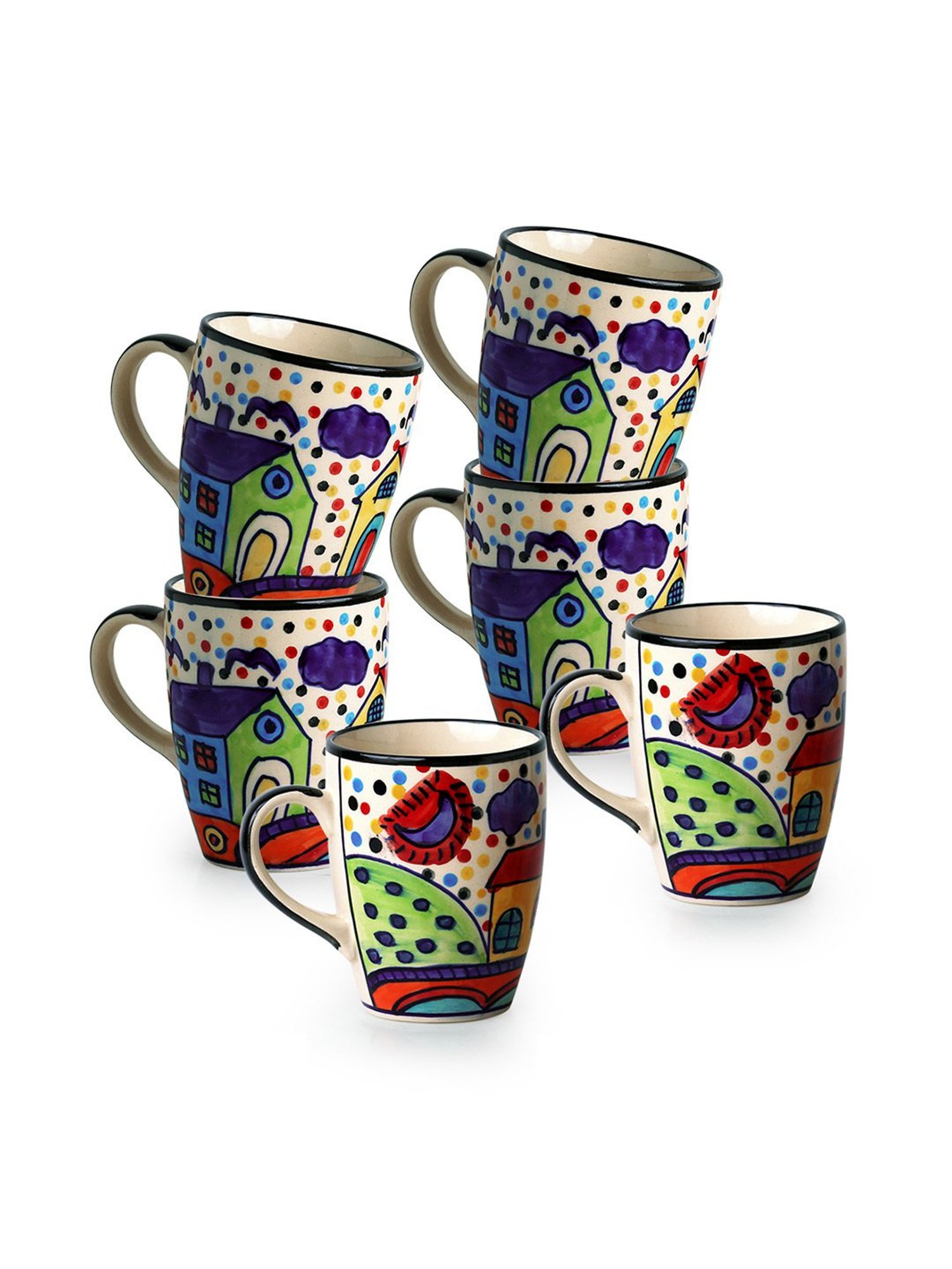 ExclusiveLane Hand-painted Multicolor Ceramic Coffee Mugs - Set of 6 (270ml)