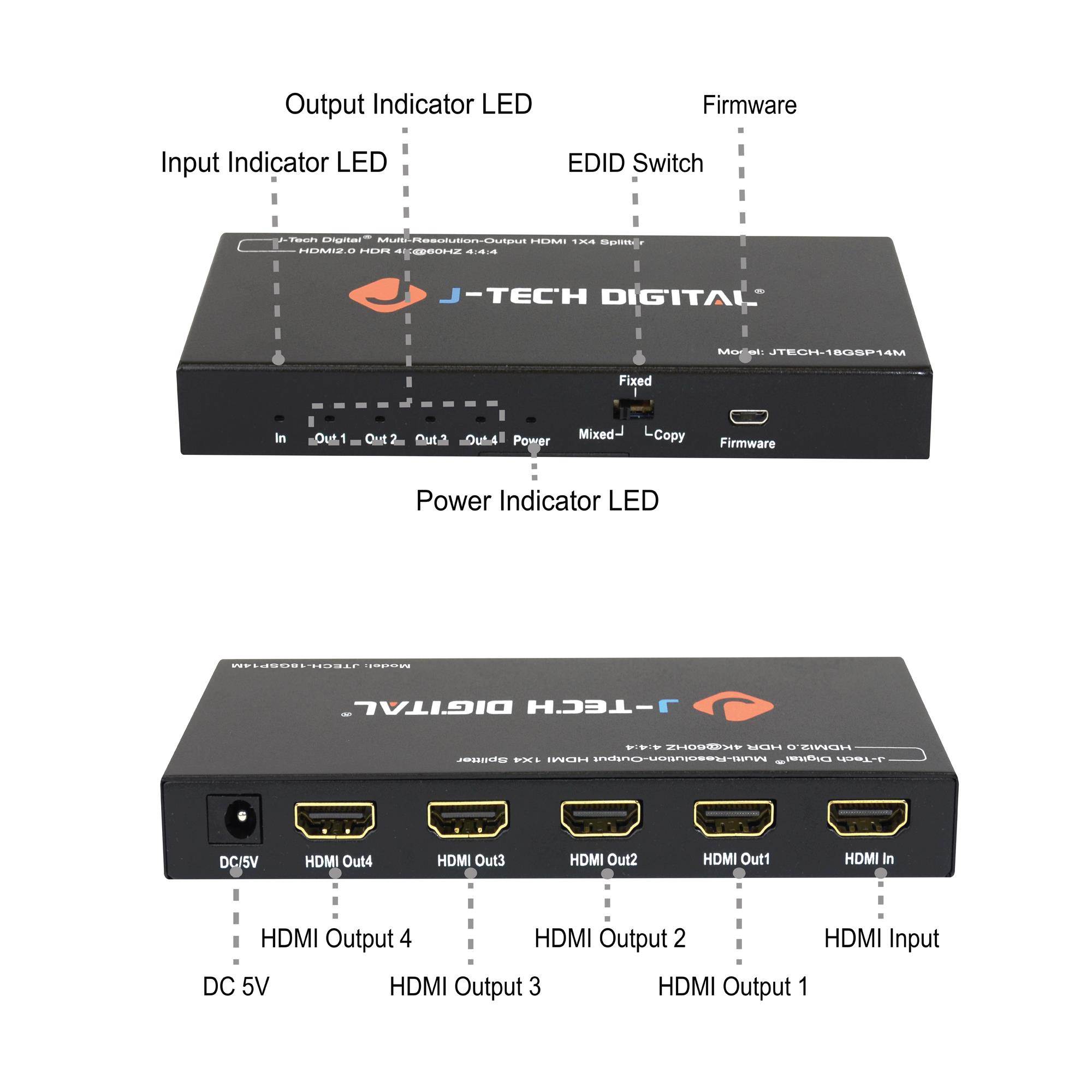 J-Tech Digital Scaler/Multi-Resolution Output (MRO) 18GBps 1x4 HDMI 2.0 Splitter HDR10/Dolby Vision 4K@60Hz 4:4:4 [JTECH-18GSP14M]