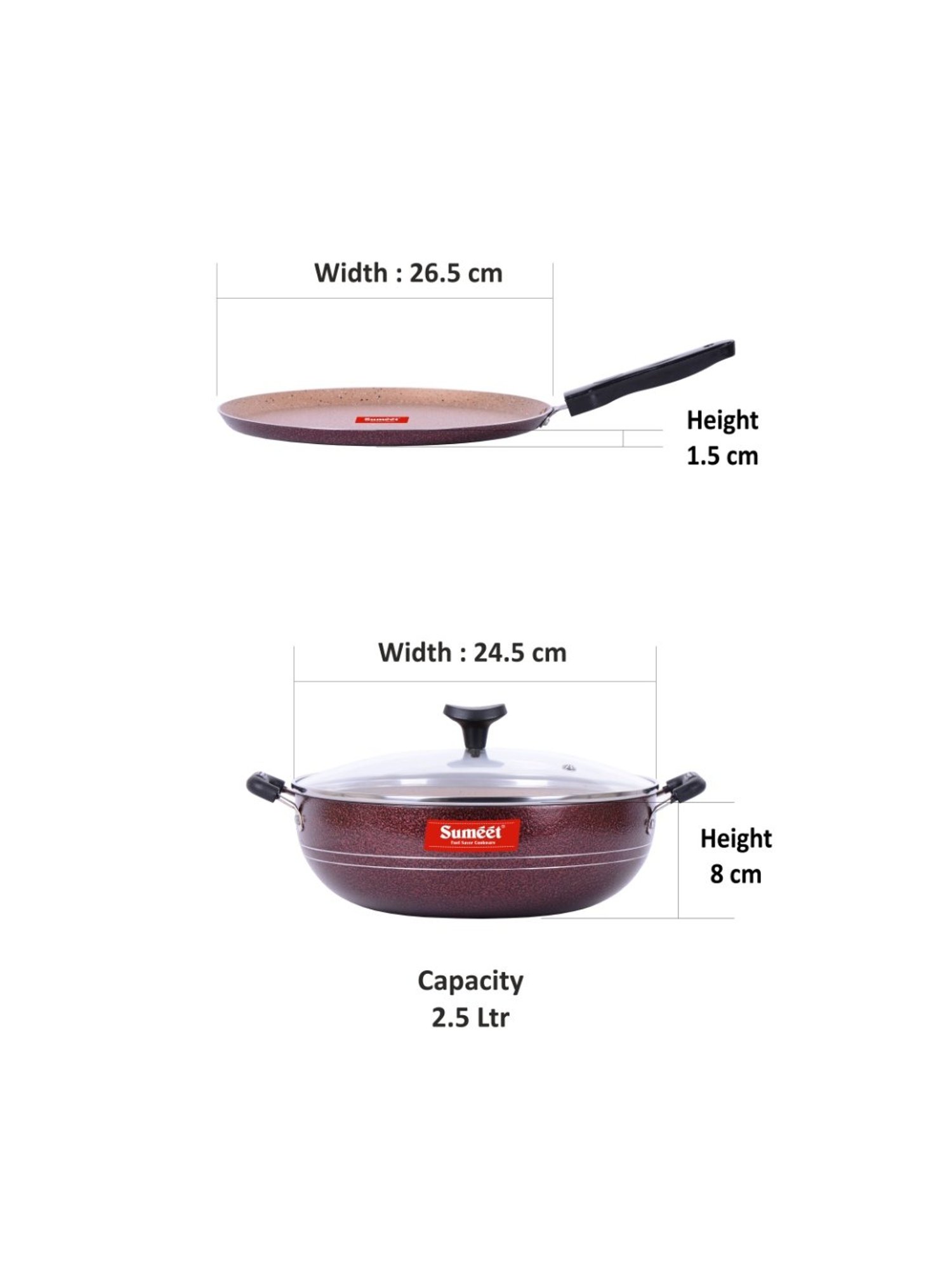 Sumeet Nonstick Granite Finish POPULAR 2pc Combo set (Dosa Tawa+ Kadhai With Glass Lid-2.5 Ltr)