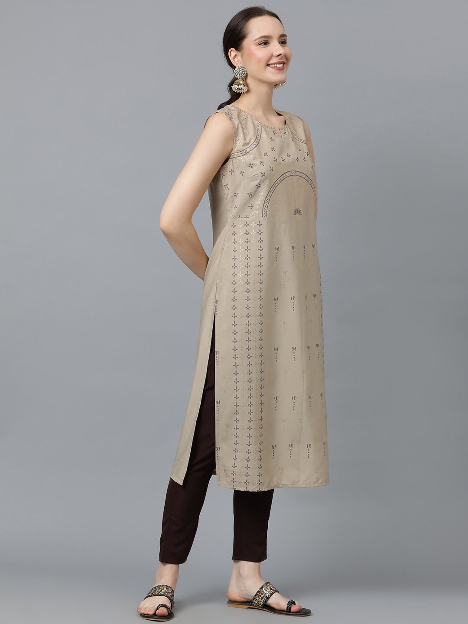 Ziyaa Beige Printed Straight Kurta