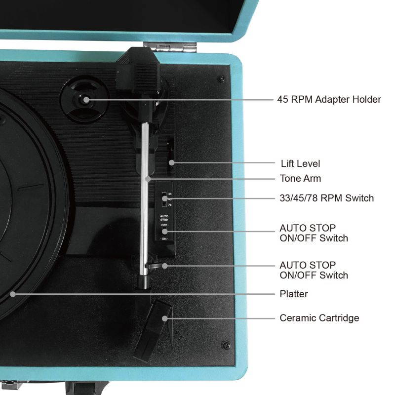 LP&No.1 Portable Suitcase Turntable with Stereo Speaker,3 Speeds Belt-Drive Vinyl Record Player Blue
