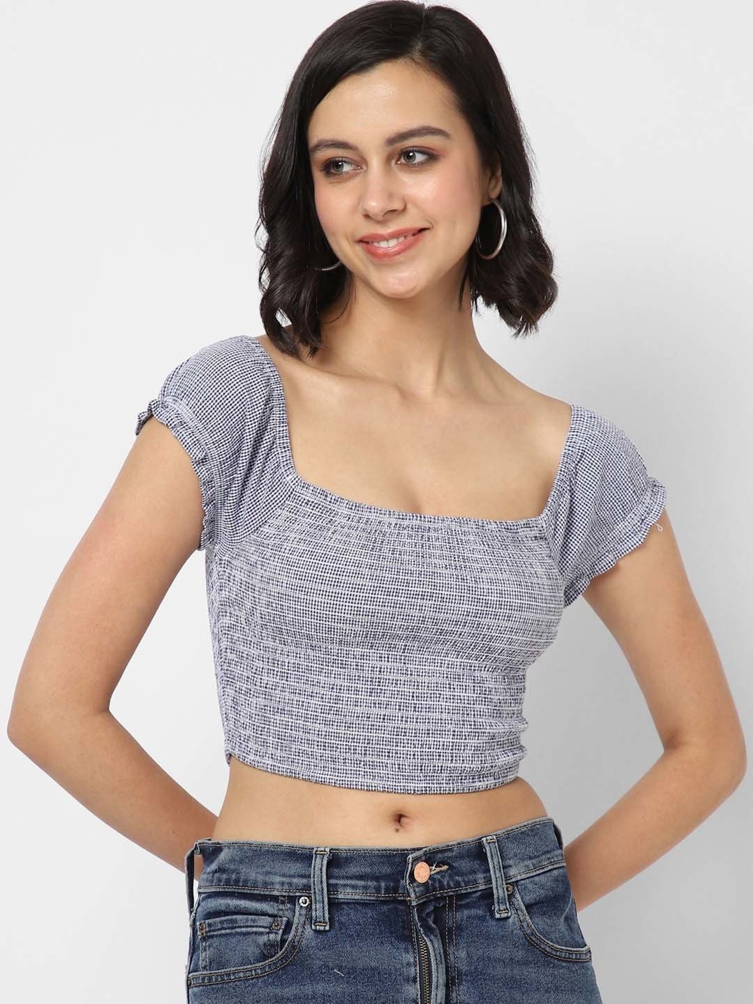 VASTRADO Blue Cotton Chequered Crop Top