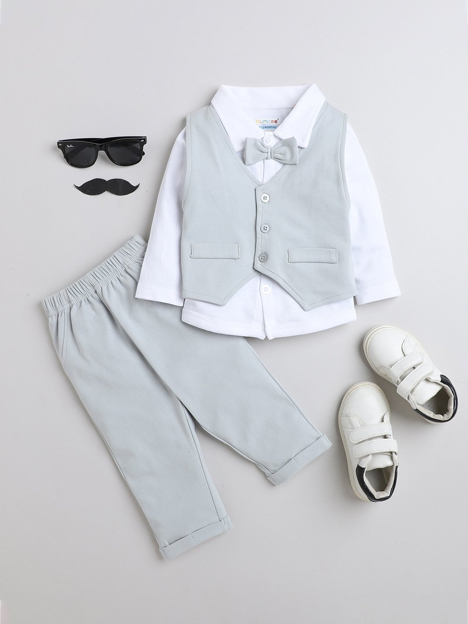 Bumzee Kids Grey & White Solid Full Sleeves Shirt, Waistcoat, Pants with Bow