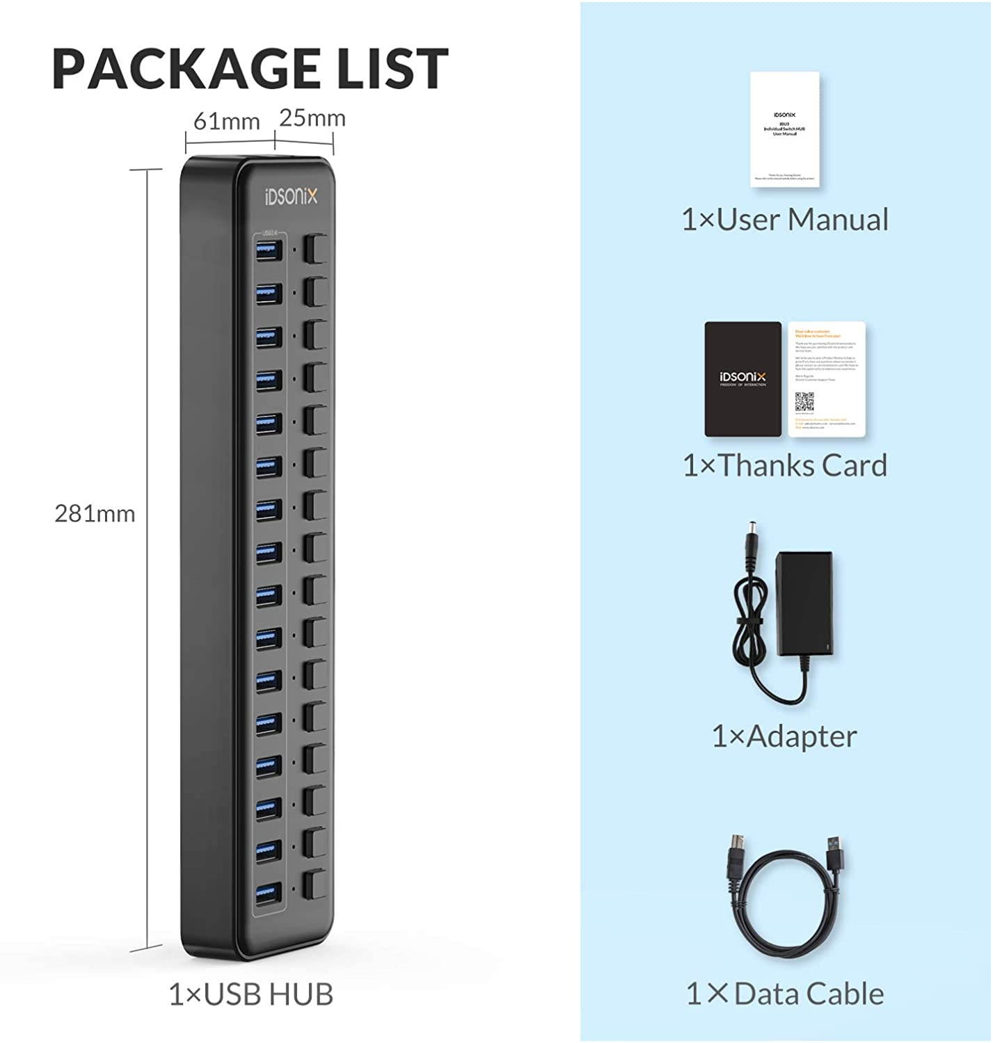 iDsonix USB 3.0 Hub 16-Port 12V / 6.5A Powered USB Hub with Individual Switches 5Gbps High Speed Transfer BC1.2 (5V2.4A) Fast Charge USB Splitter for Laptop PC HDD SDD and More -Black