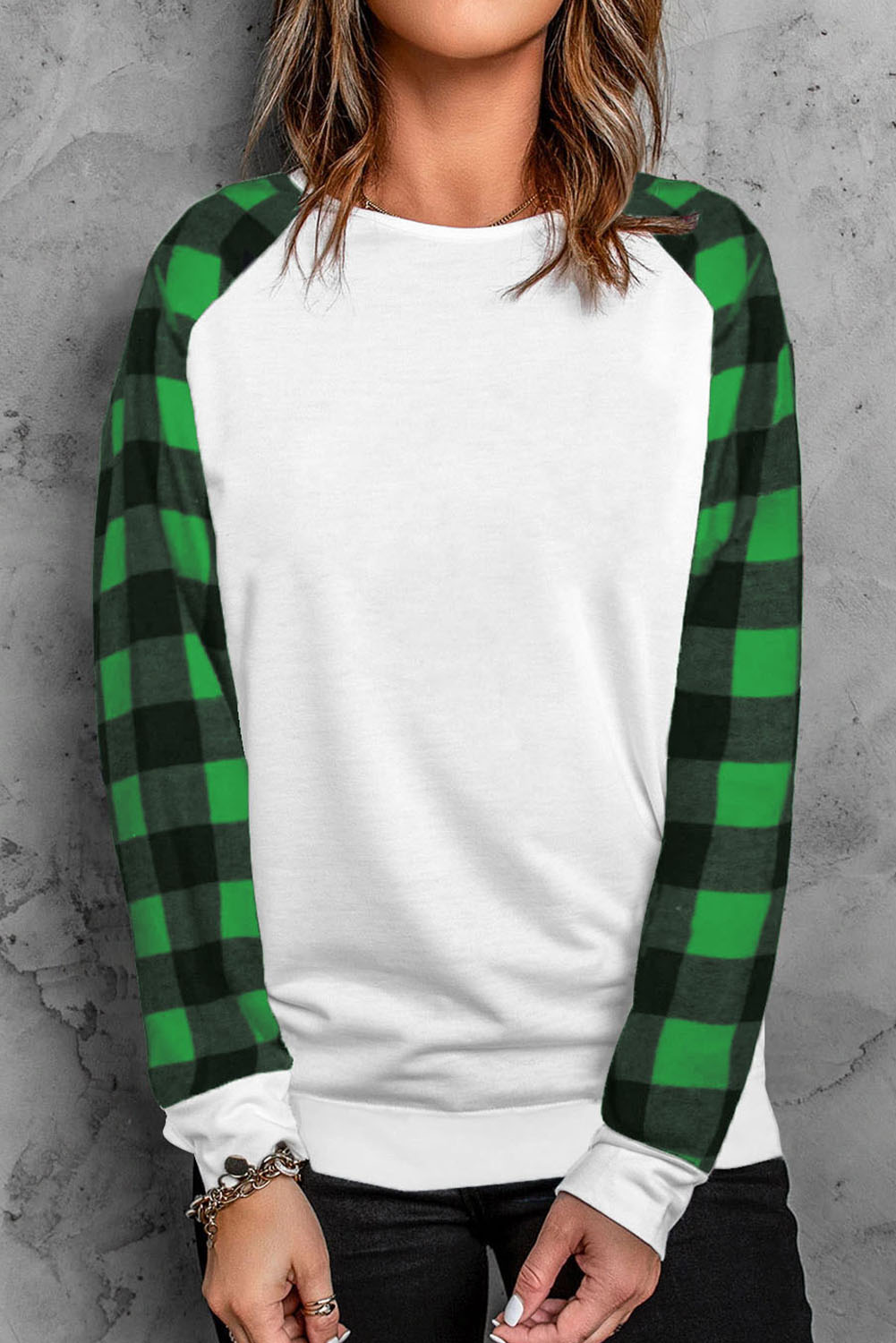 Blank Sweatshirt - Green Casual Buffalo Plaid Raglan Sleeve Top Customized