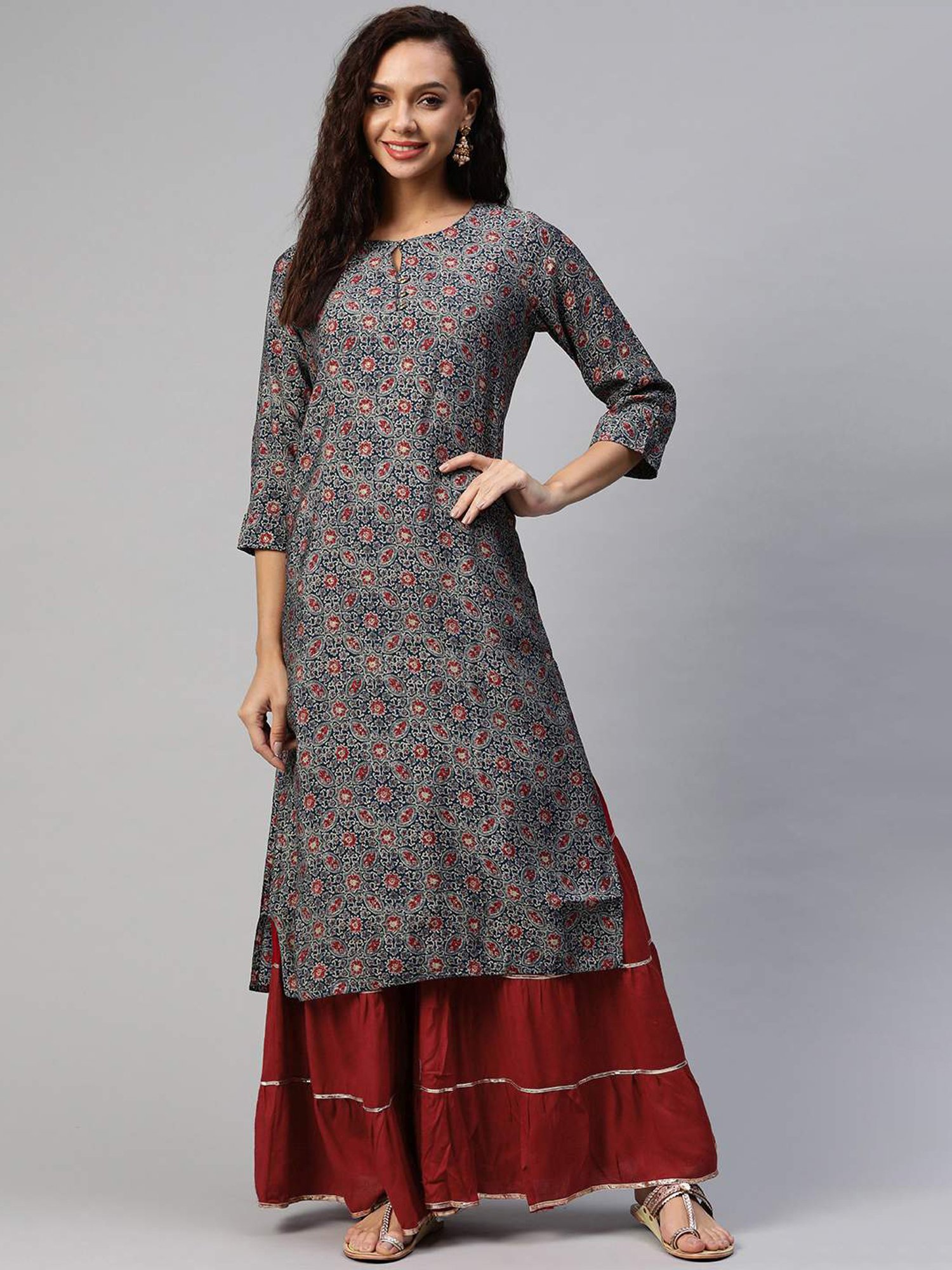 Aarika Blue Cotton Printed Straight Kurta