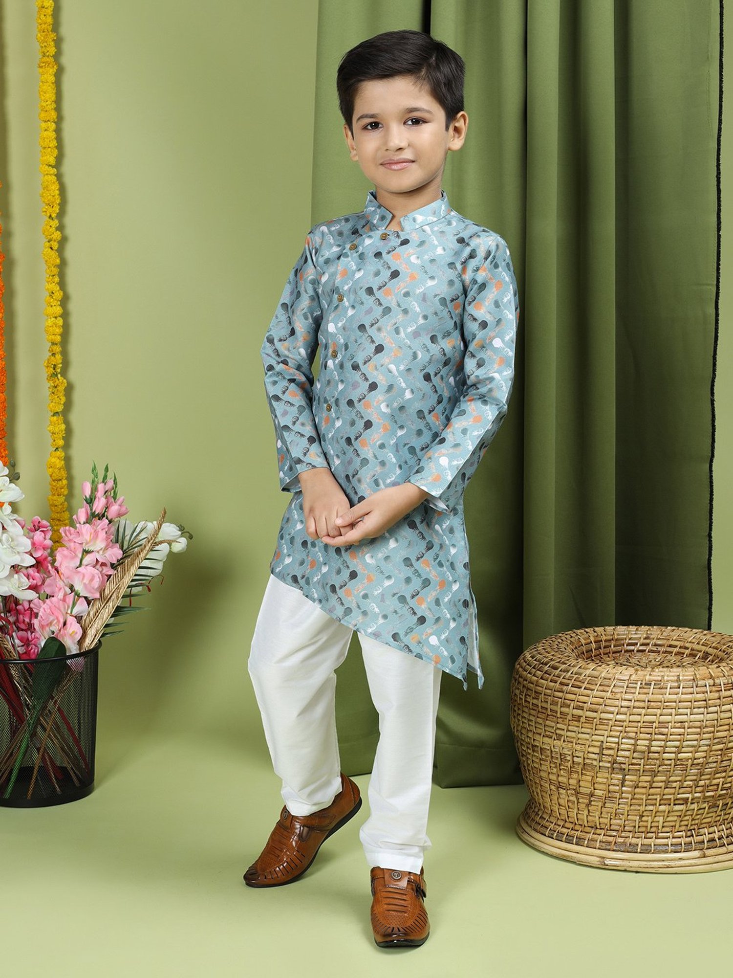 TABARD Kids Sage Green & White Printed Full Sleeves Kurta with Pyjamas