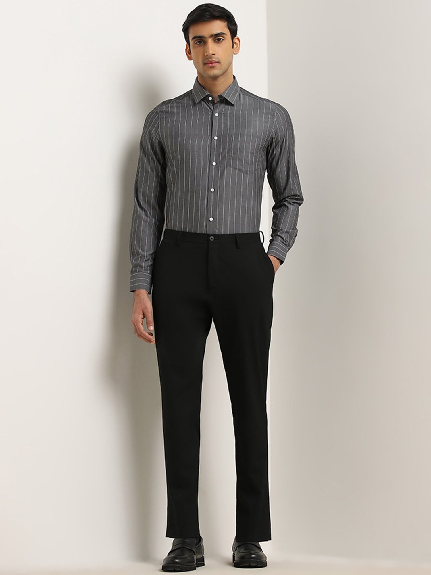 WES Formals by Westside Charcoal Pinstriped Slim-Fit Cotton Shirt