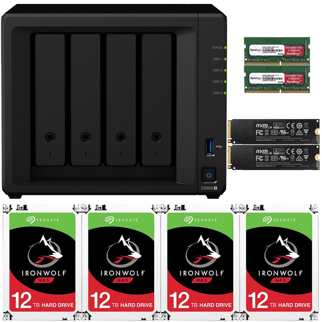 Synology DS920+ DiskStation with 4GB RAM and 24TB (4 x 6TB) of Seagate Ironwolf NAS Drives and 2TB (2x1TB) NVMe Cache Fully Assembled and Tested By CustomTechSales