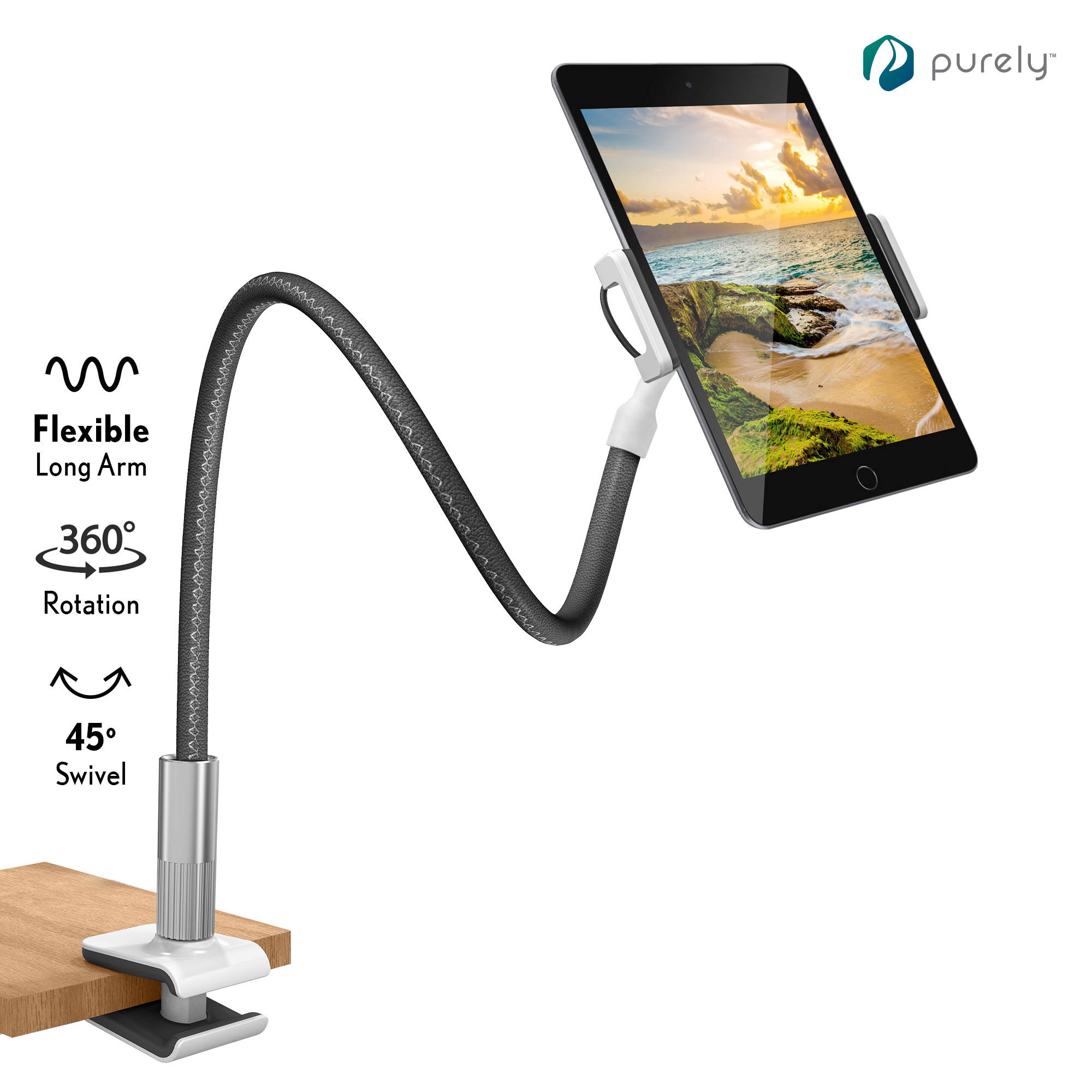 Purely Gooseneck Phone and Tablet Holder Deluxe | 39&rdquo; Flexible Arm with Clip Mount 4" to 12.9" Devices - Compatible with iPad Pro, Mini & Samsung Galaxy Tab - Desk, Bedside, Headboard Stand