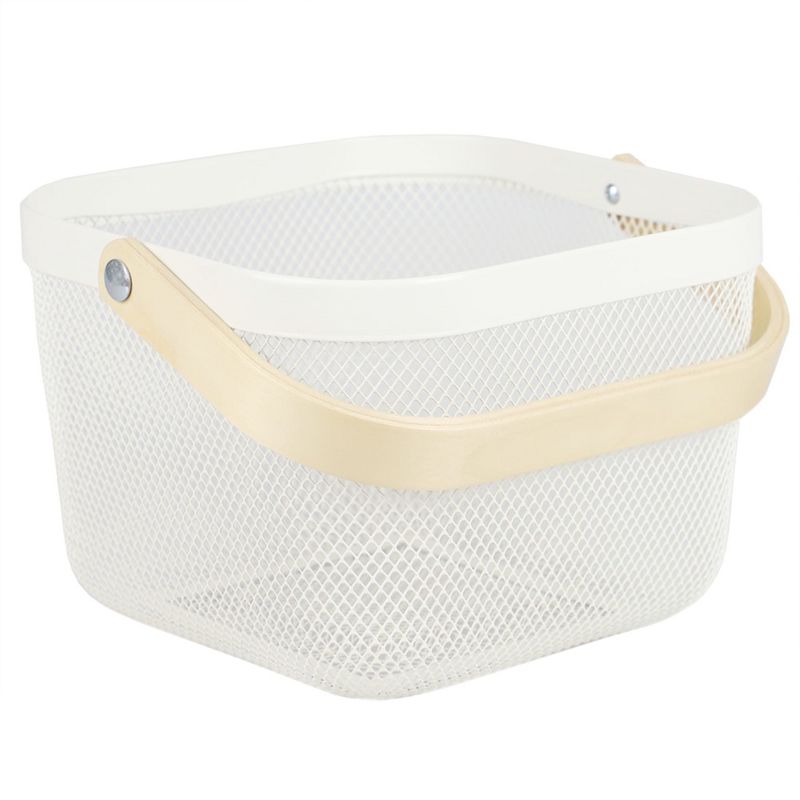 Home Basics Mesh Wire Basket with Wood Handle, Ivory