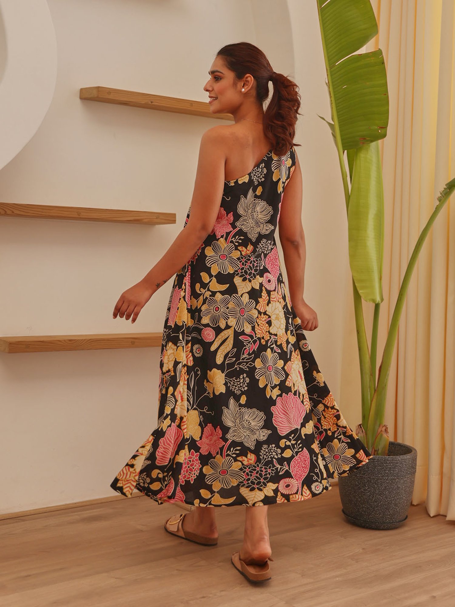 Saffron Threads Black Cotton Floral Print Ethnic Dress