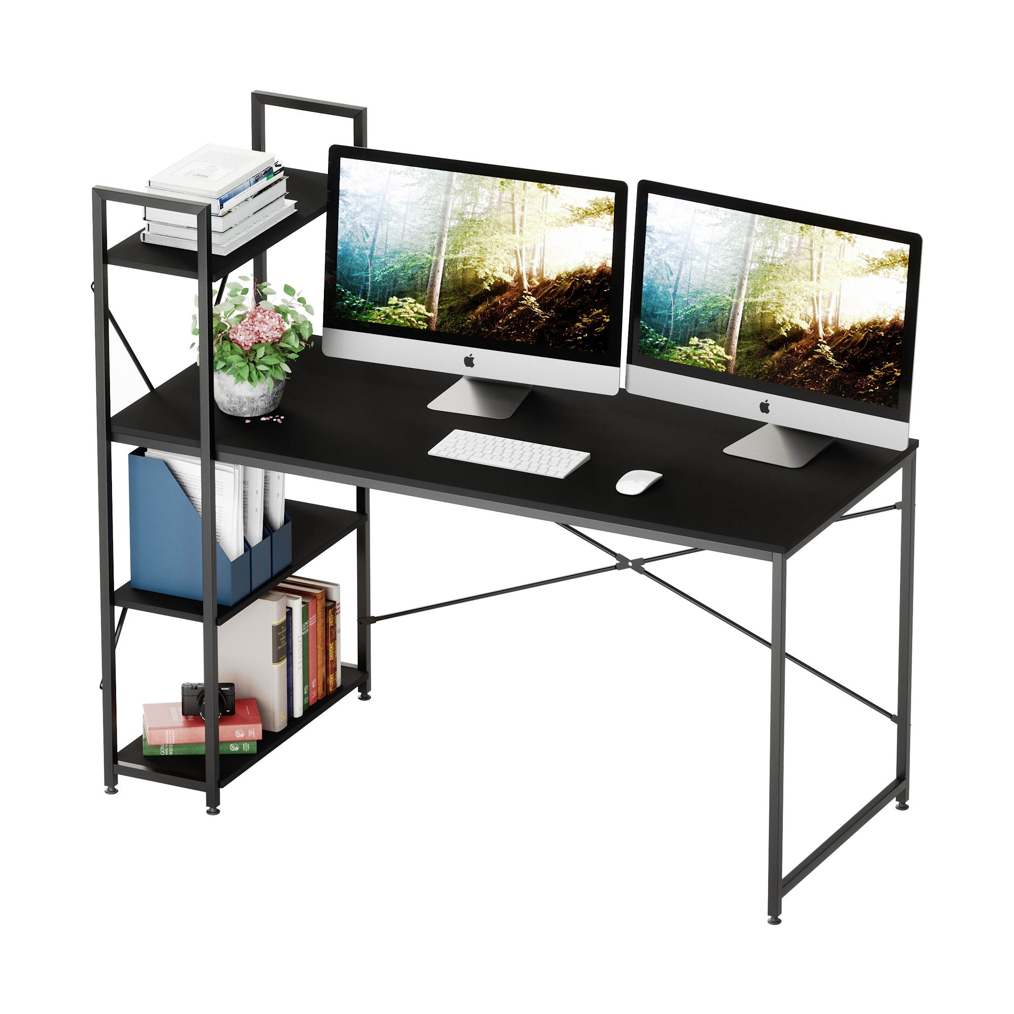 Bestier 63 Inch Computer Desk with Storage Shelves, Modern Bookshelf Desk with Headphone Hook Large Workstation Writing Desk with Reversible Bookshelves Home Office Work Table Study Desk Grey